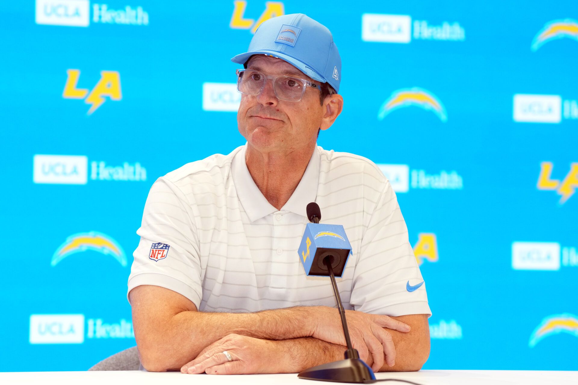 Los Angeles Chargers coach Jim Harbaugh at press conference at The Bolt.