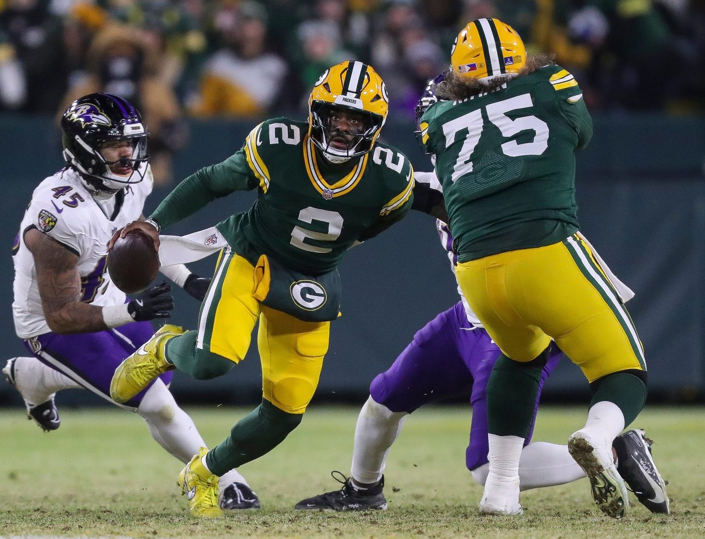 Green Bay Packers quarterback Malik Willis (2) scrambles against the Baltimore Ravens on Saturday, December 27, 2025, at Lambeau Field in Green Bay, Wis. The Ravens won the game, 41-24.
Tork Mason/USA TODAY NETWORK-Wisconsin
