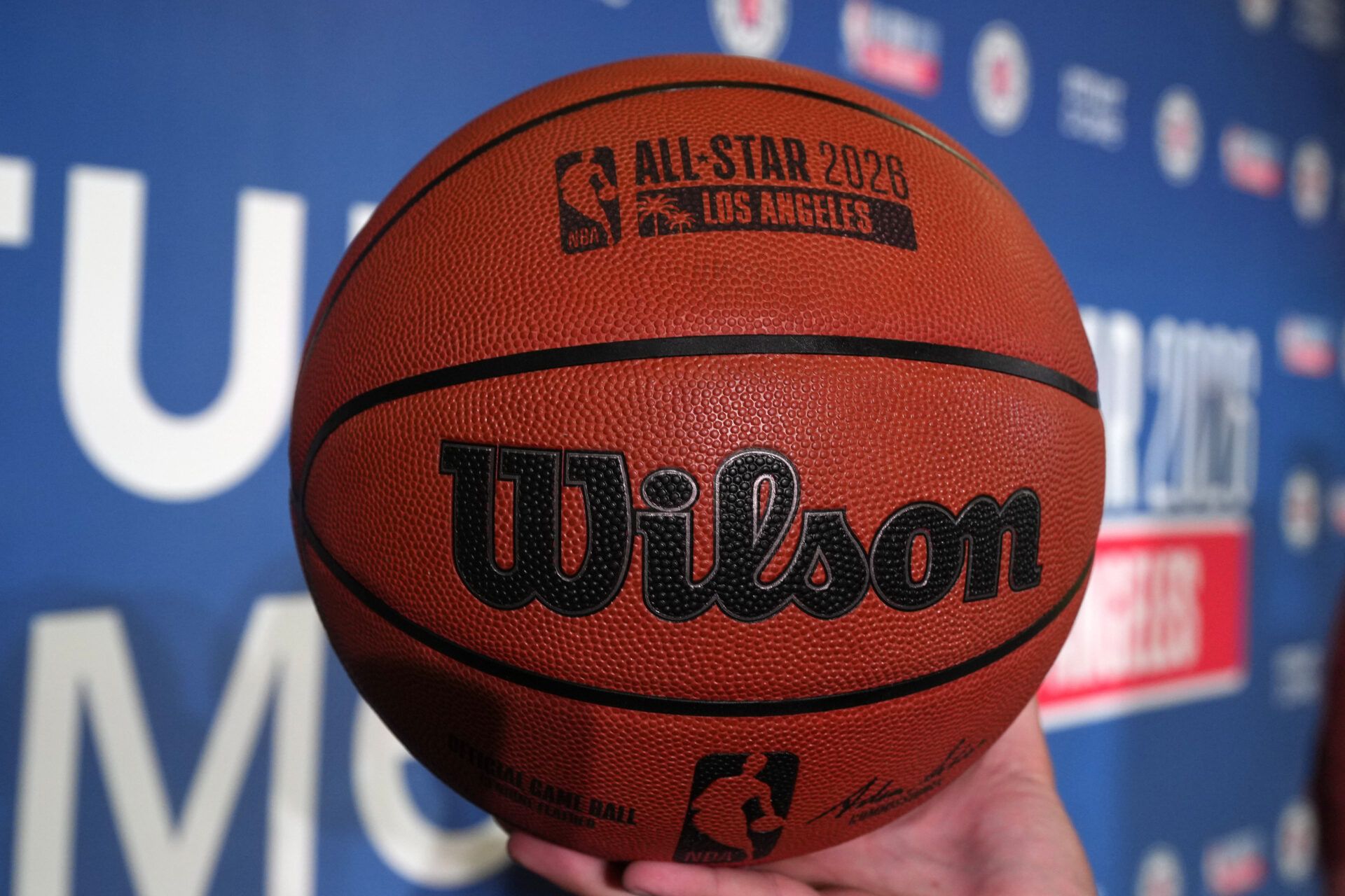 A NBA official Wilson game ball with the 2026 NBA All-Star Game logo is displayed at a press conference at the Intuit Dome.