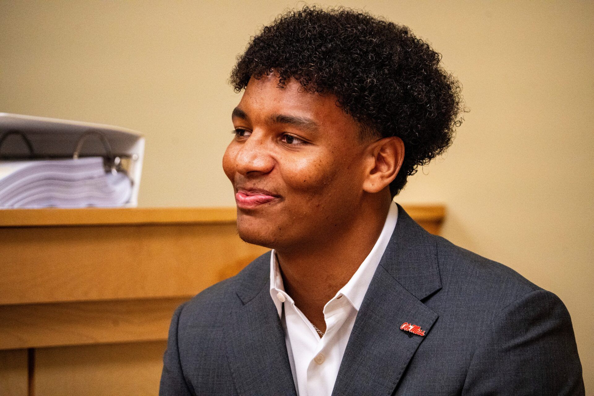 Ole Miss quarterback Trinidad Chambliss testifies during the hearing in his lawsuit against the NCAA at Calhoun County Courthouse in Pittsboro, Miss., on Thursday, Feb. 12, 2026. Chambliss is looking for a temporary injunction and a permanent injunction against the NCAA for one more year of eligibility.