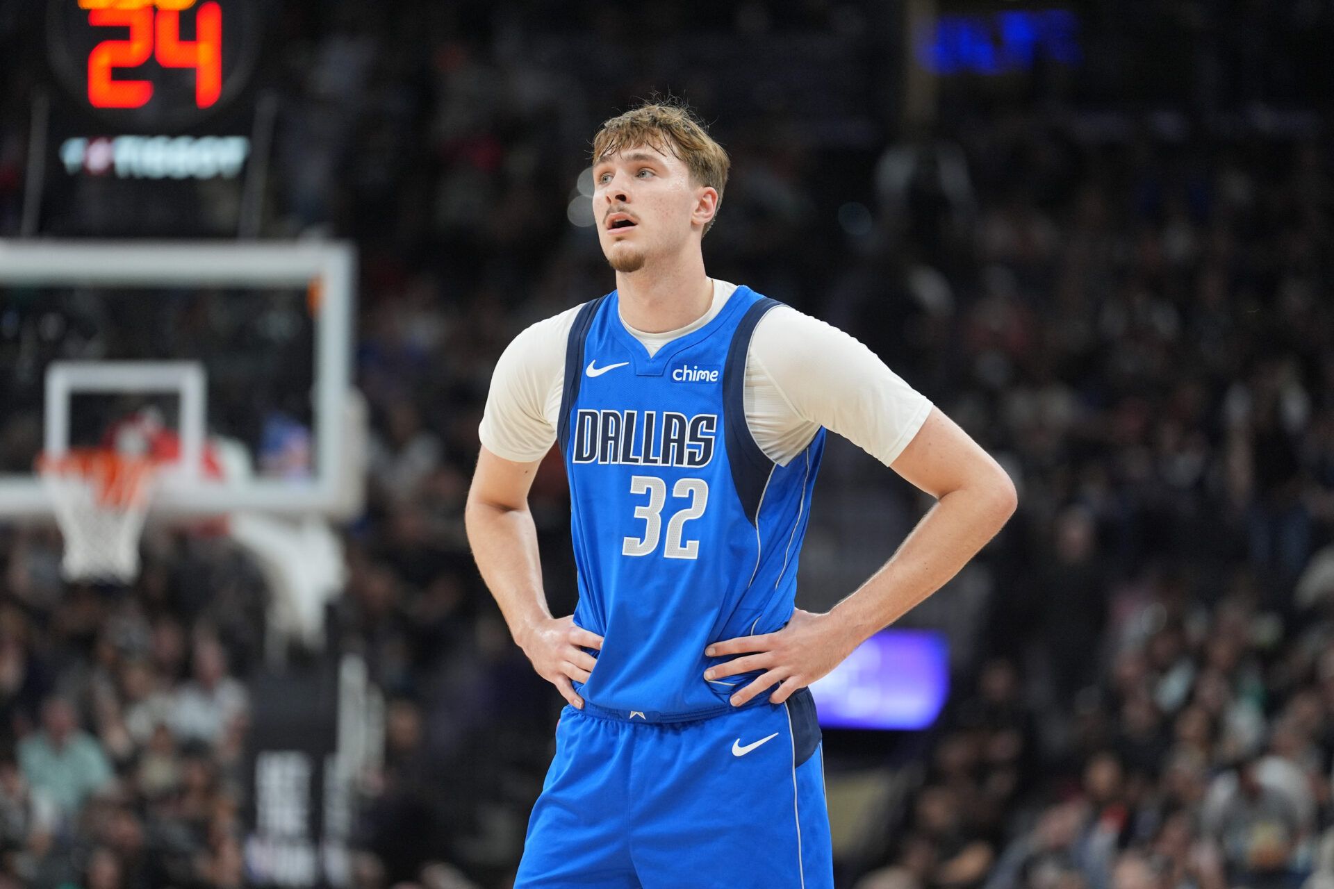Dallas Mavericks forward Cooper Flagg (32) looks on in the first half against the San Antonio Spurs at Frost Bank Center.