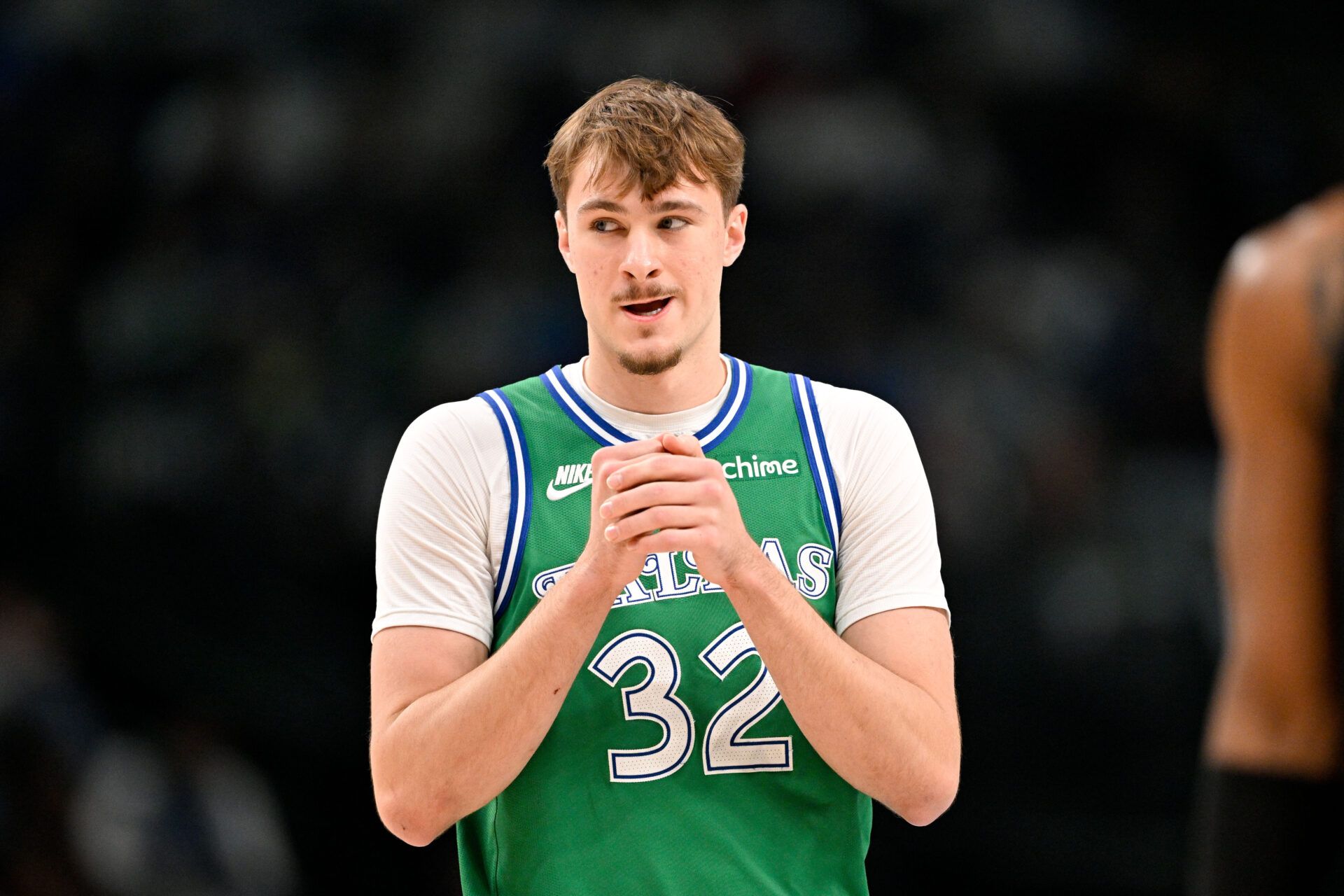 Dallas Mavericks forward Cooper Flagg (32) looks on during the first quarter against the Brooklyn Nets at the American Airlines Center.