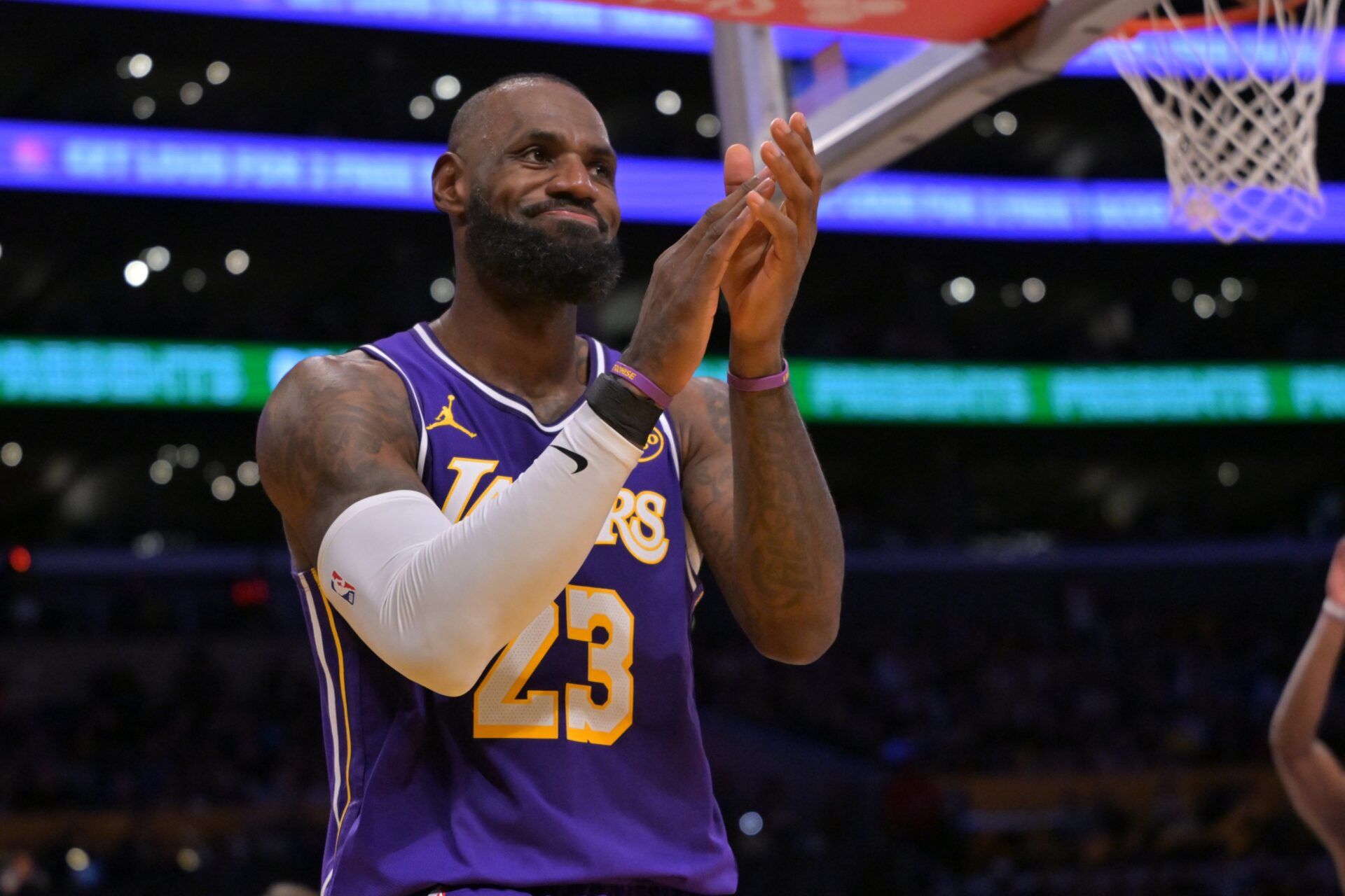 Los Angeles Lakers forward Lebron James (23) reacts after a missed basket during the second half against the San Antonio Spurs at Crypto.com Arena.