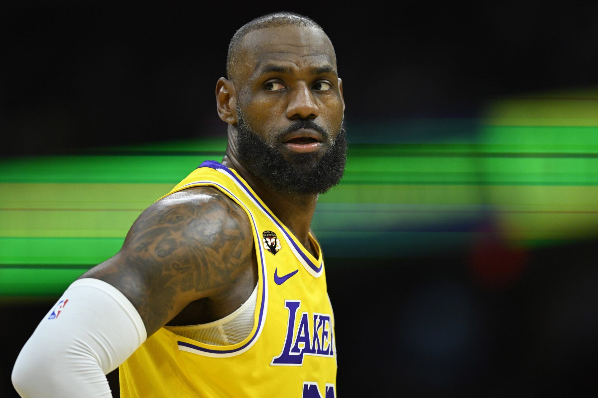 Los Angeles Lakers forward LeBron James (23) stands on the court in the third quarter against the Cleveland Cavaliers at Rocket Arena.
