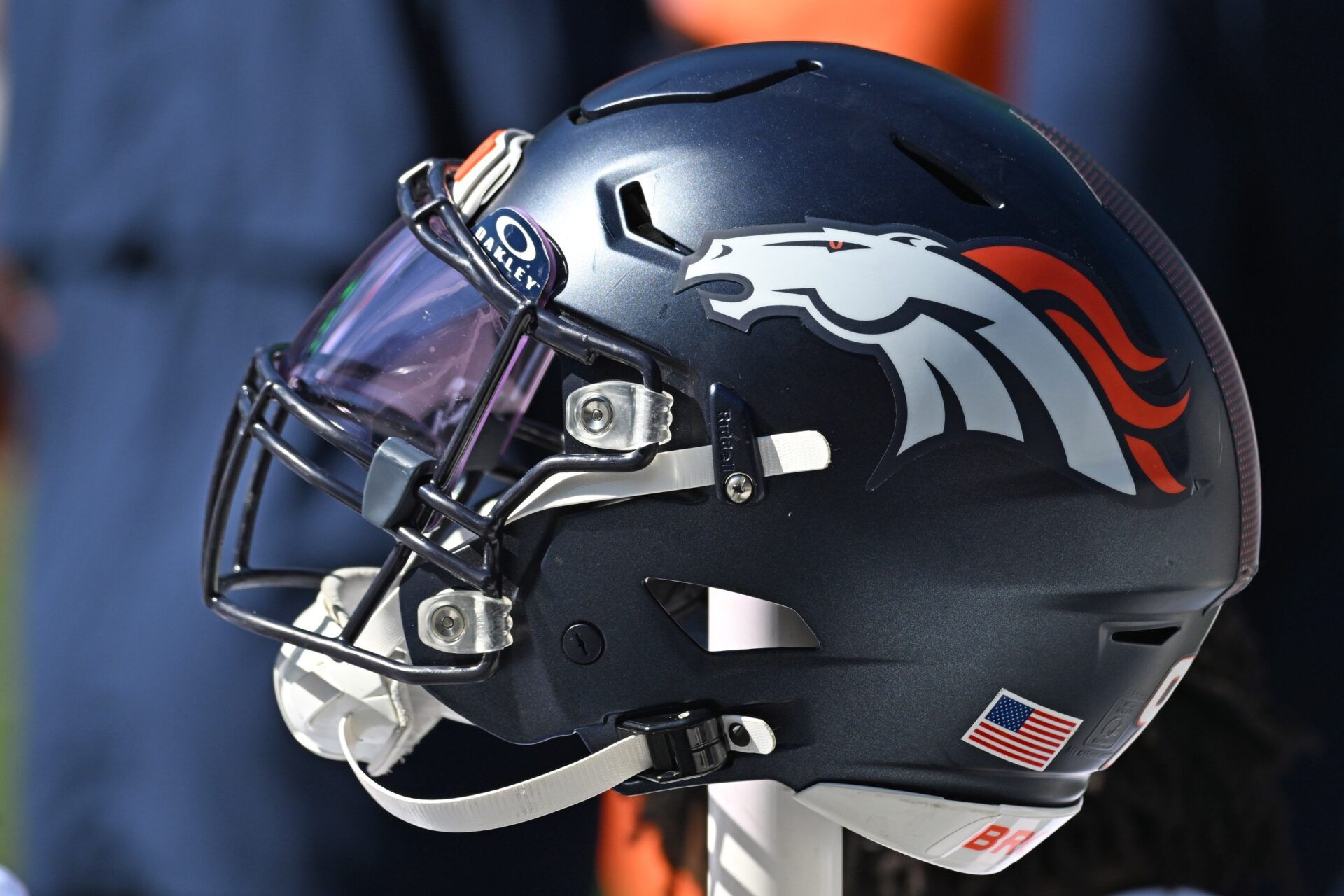 Denver Broncos helmet on the sidelines against the Philadelphia Eagles at Lincoln Financial Field.