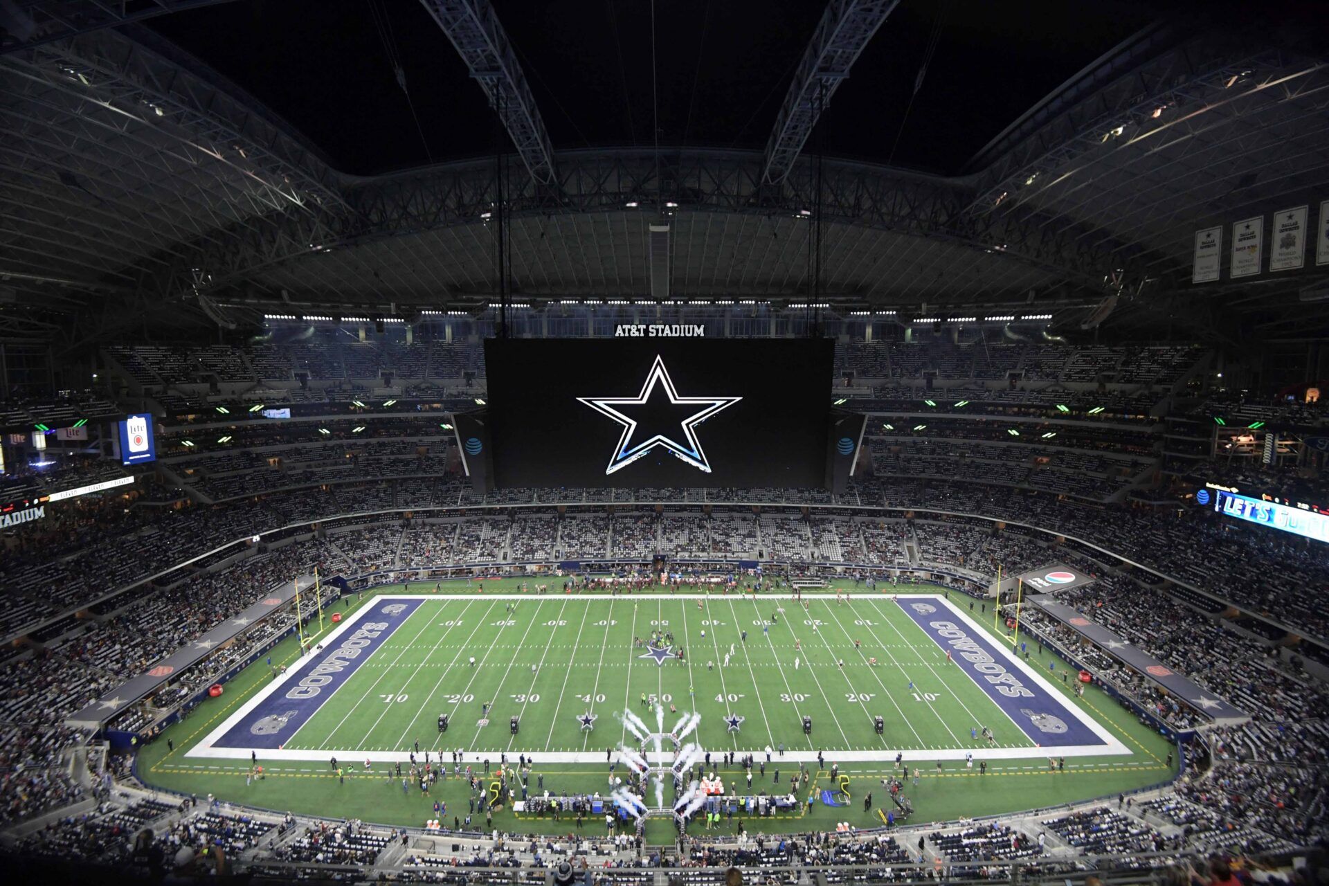 General overall view of AT&T Stadium with the Dallas Cowboys logo on the video board during an NFL football game between the Washington Redskins and the Cowboys at AT&T Stadium.