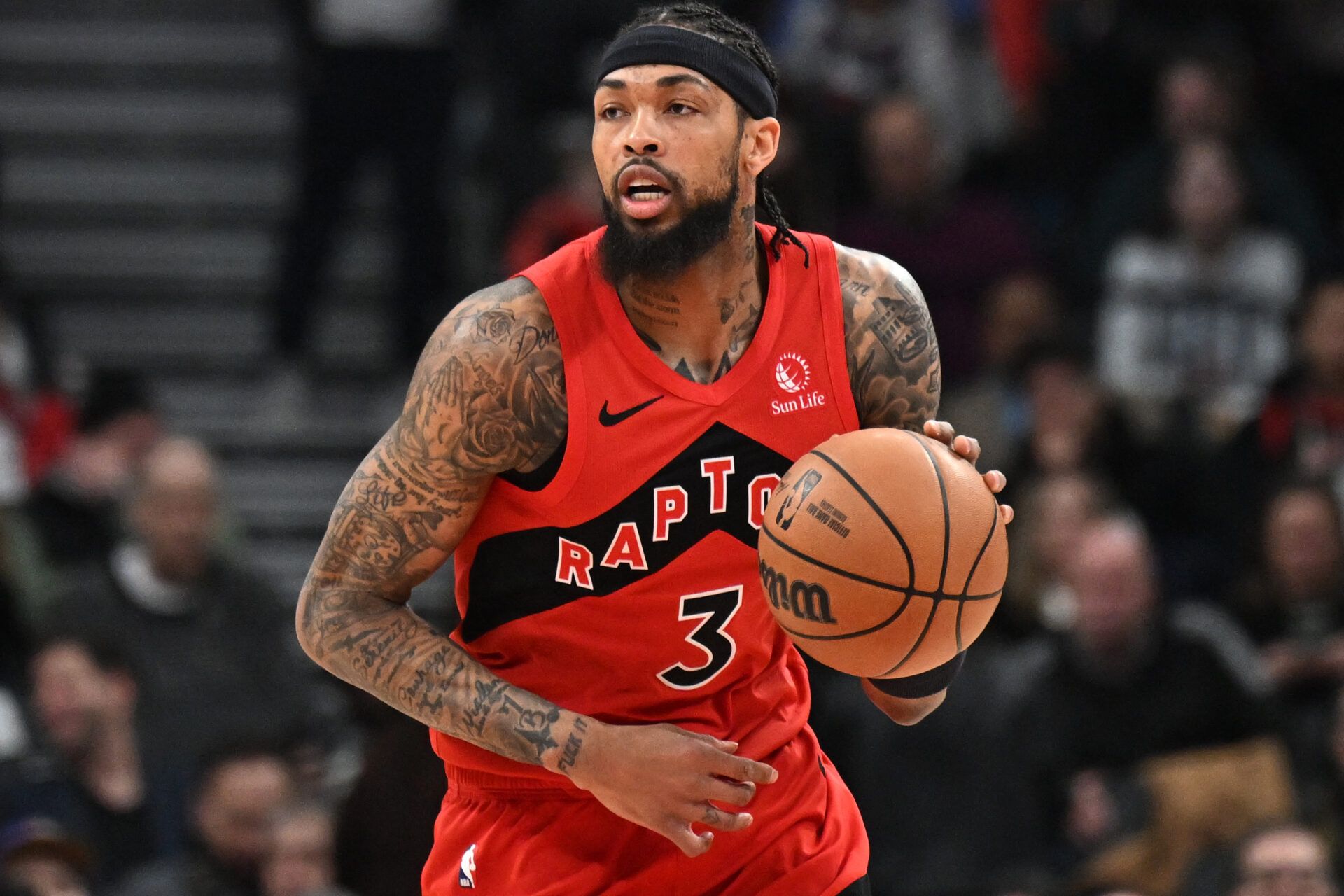 Toronto Raptors forward Brandon Ingram (3) dribbles against the Chicago Bulls in the first half at Scotiabank Arena.
