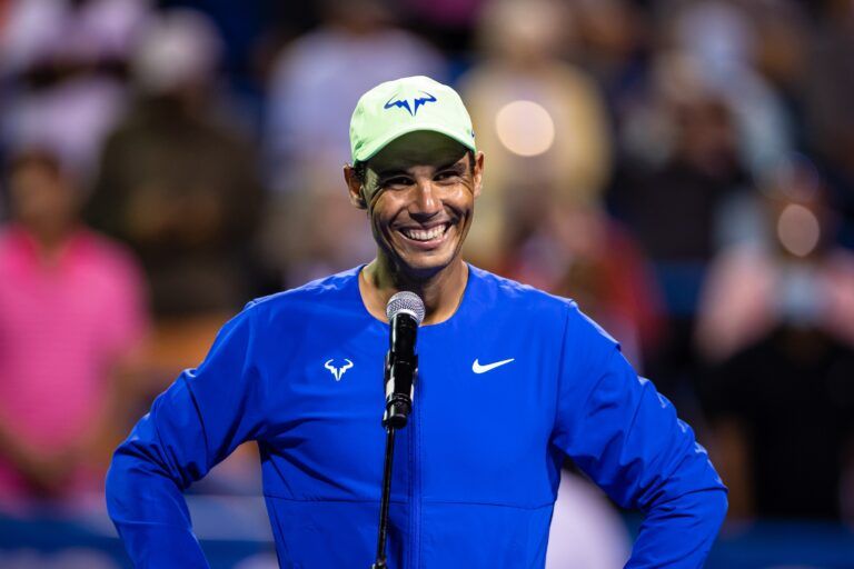 Rafael Nadal of Spain celebrates after winning the match against Jack Sock of the United States (not pictured) during the Citi Open at Rock Creek Park Tennis Center.