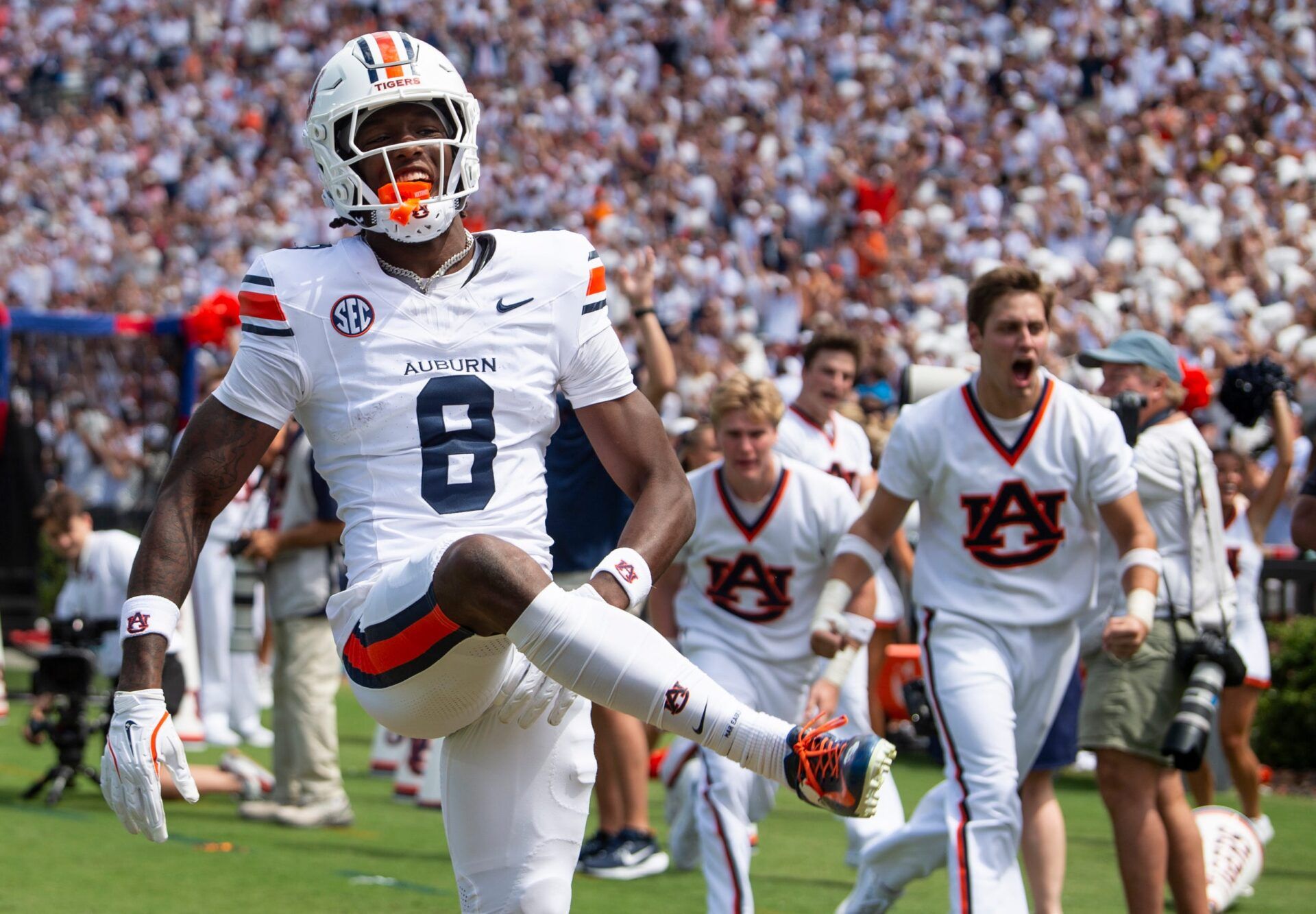 Auburn Tigers wide receiver Cam Coleman (8) celebrates his touchdown as Auburn Tigers take on South Alabama Jaguars at Jordan-Hare Stadium in Auburn, Ala. on Saturday, Sept. 13, 2025.