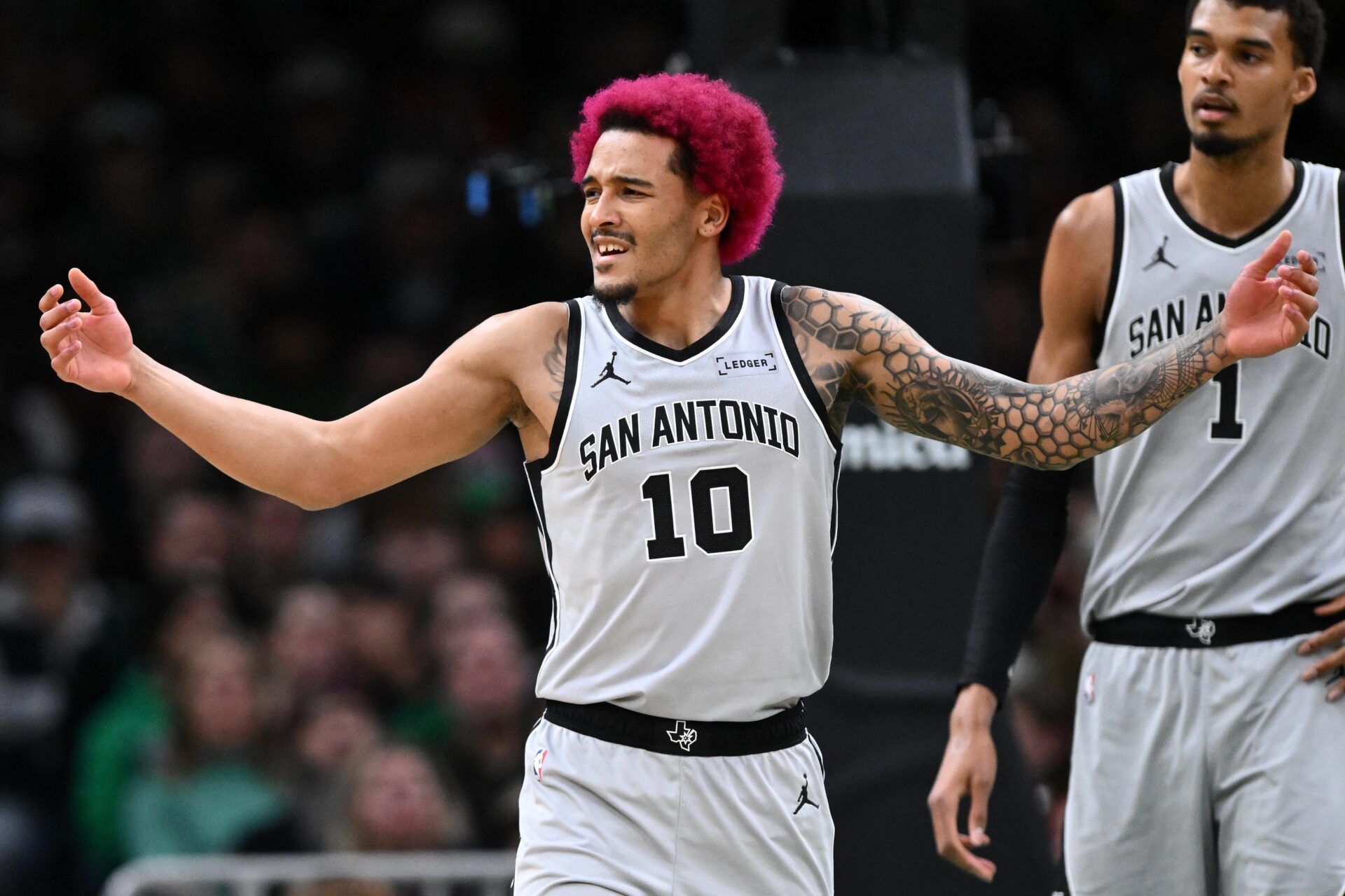San Antonio Spurs forward Jeremy Sochan (10) reacts after being called for a foul during the first half of a game against the Boston Celtics at the TD Garden.