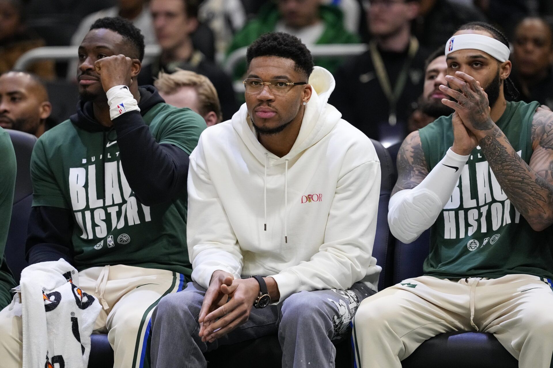 Milwaukee Bucks forward Giannis Antetokounmpo looks on from the bench during the first quarter against the New Orleans Pelicans at Fiserv Forum.