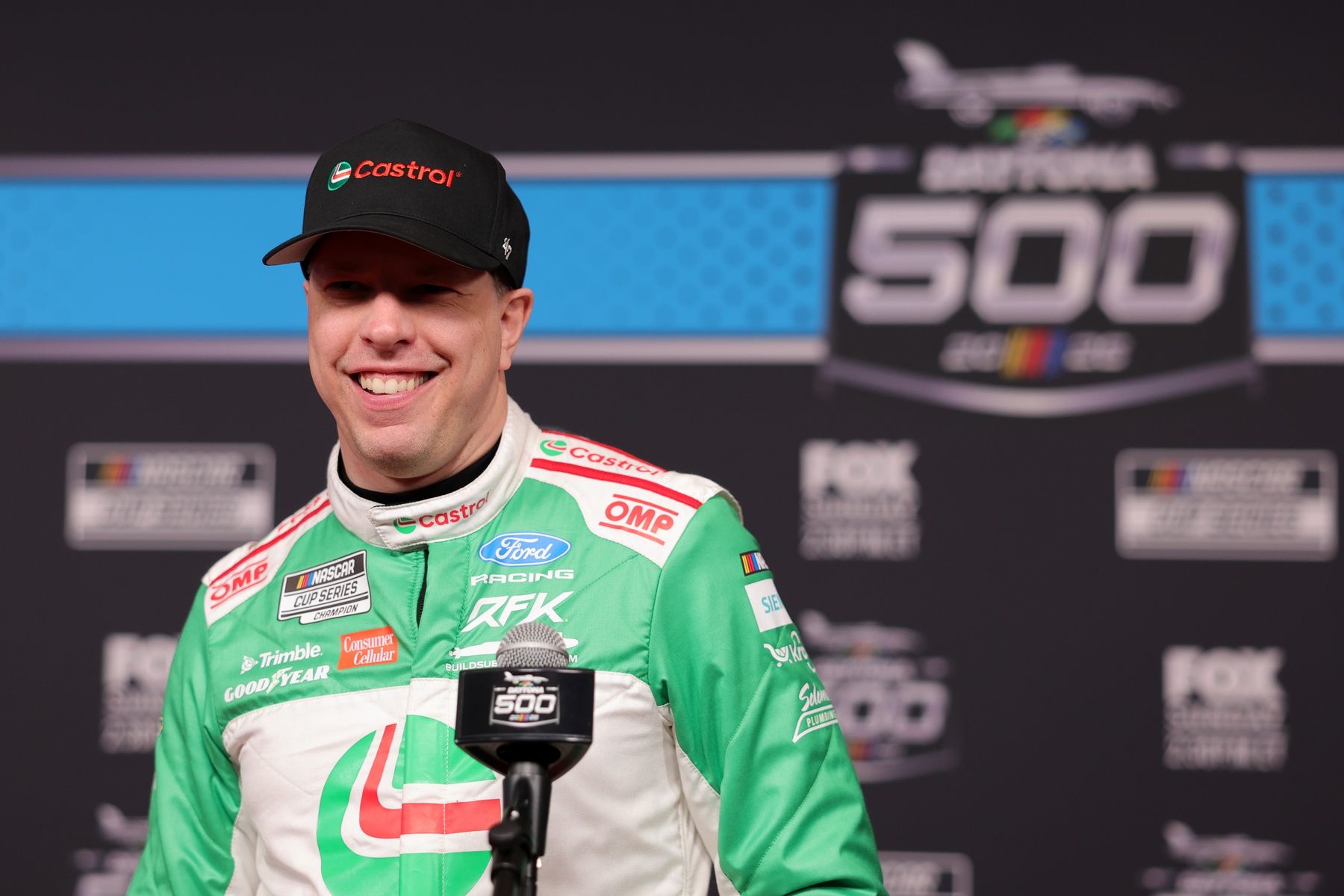 NASCAR Cup Series driver Brad Keselowski (6) speaks to the media during the Daytona 500 Media Day at Daytona International Speedway.