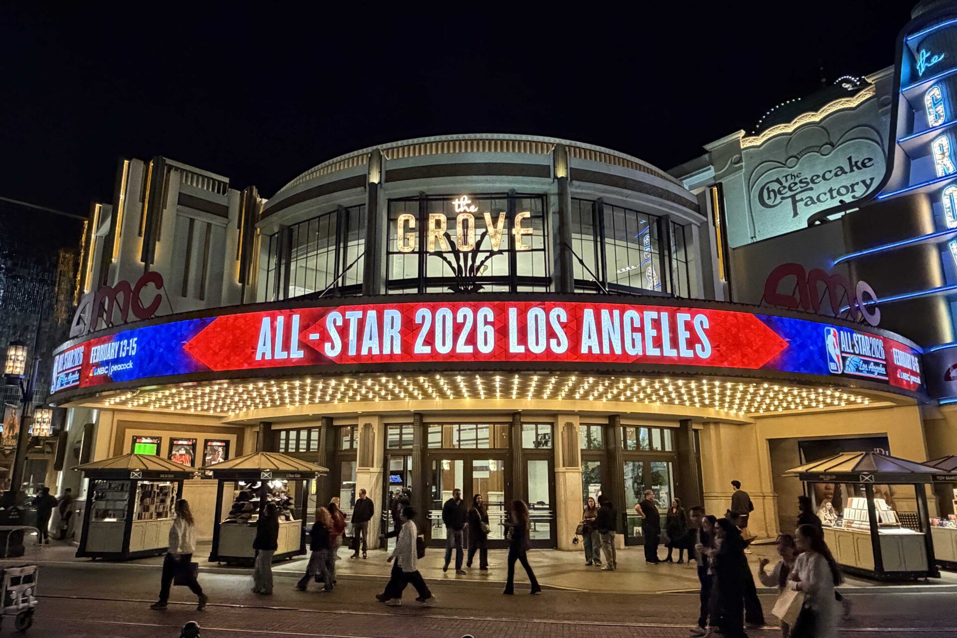 NBA All 2026 signage on the marquee of the AMC The Grove 14.