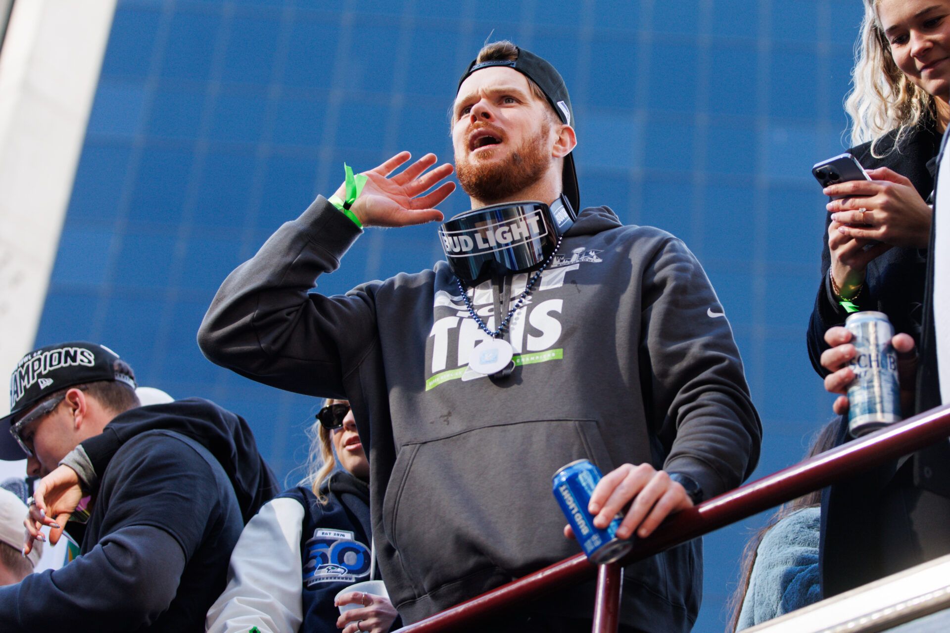 Seattle Seahawks quarterback Sam Darnold (14) reacts during the Super Bowl LX parade.