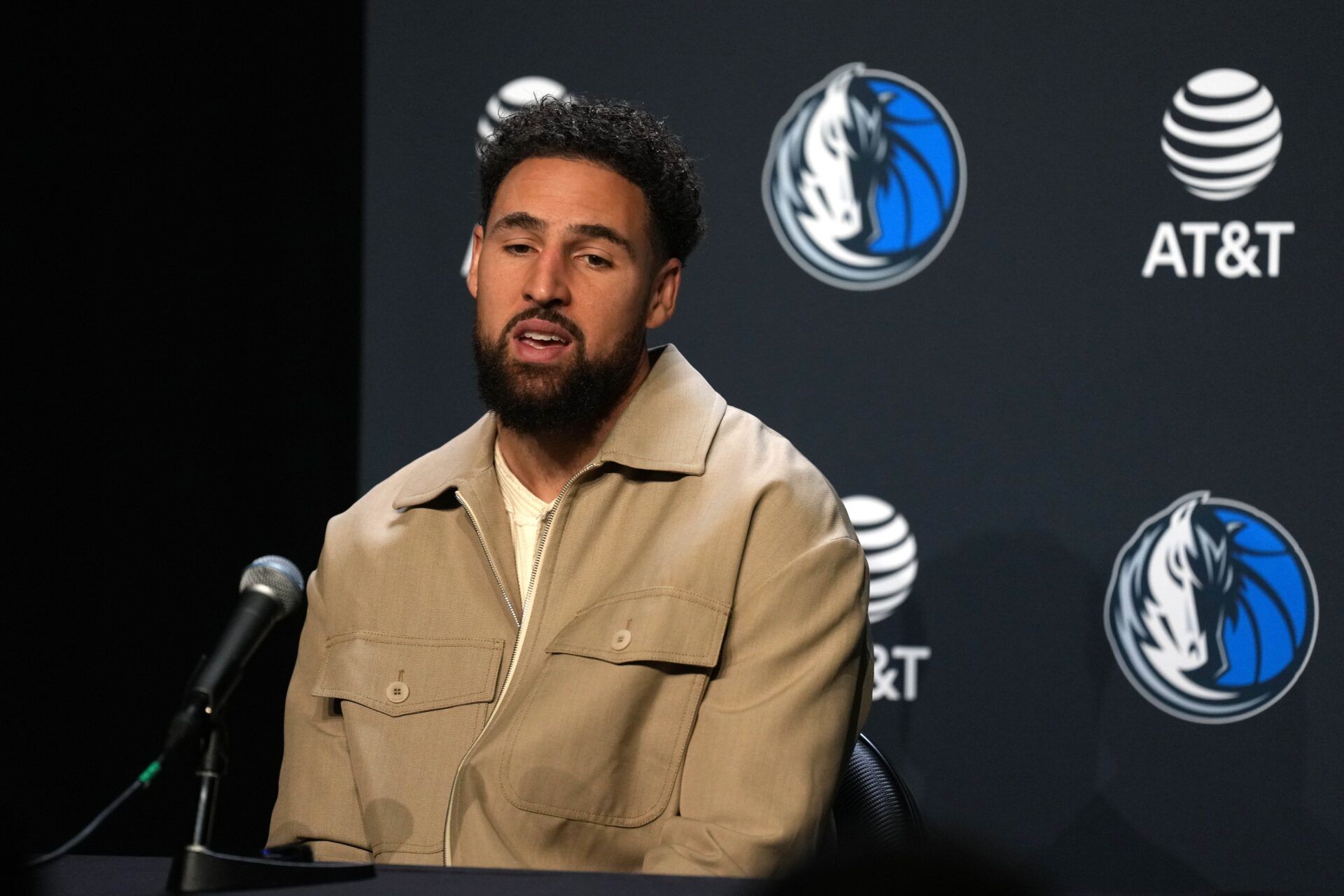 Dallas Mavericks guard Klay Thompson (31) talks with media members after the game against the Golden State Warriors at Chase Center.