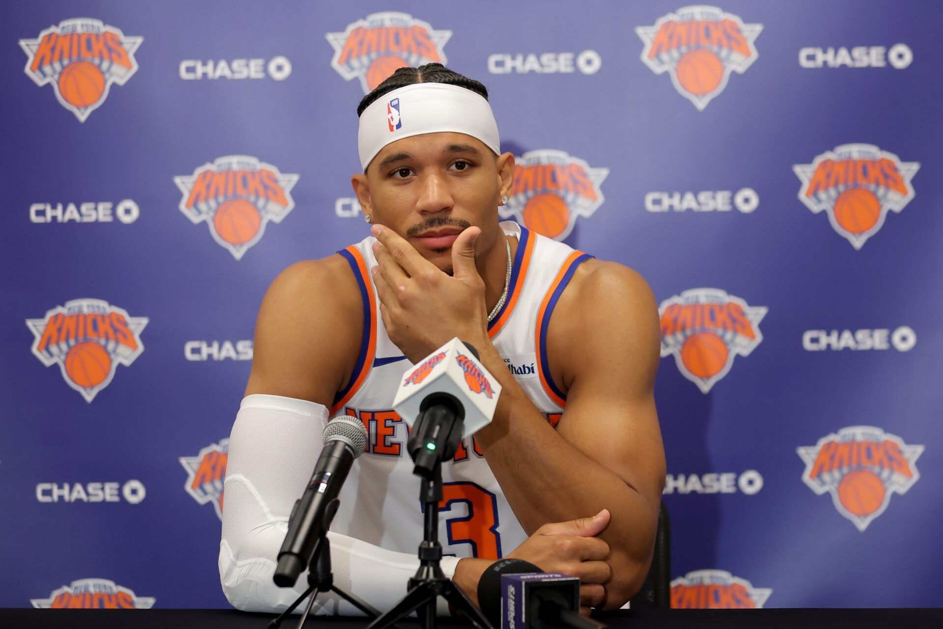 New York Knicks guard Josh Hart speaks to the media during a media day press conference at the Madison Square Garden training center.