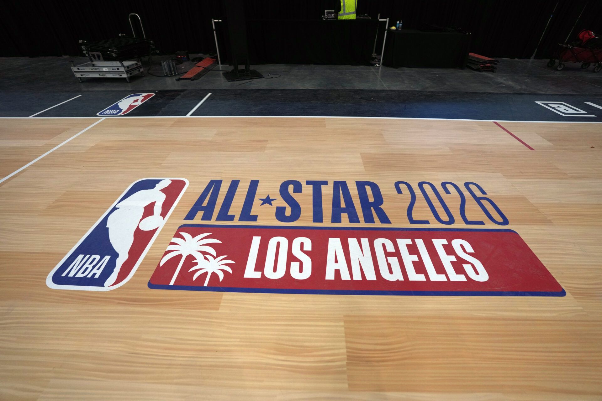 The 2026 NBA All-Star Game logo is displayed at a press conference at the Intuit Dome.
