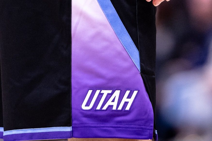 Detailed view of the Utah Jazz logo against the New Orleans Pelicans during the first half at Smoothie King Center.