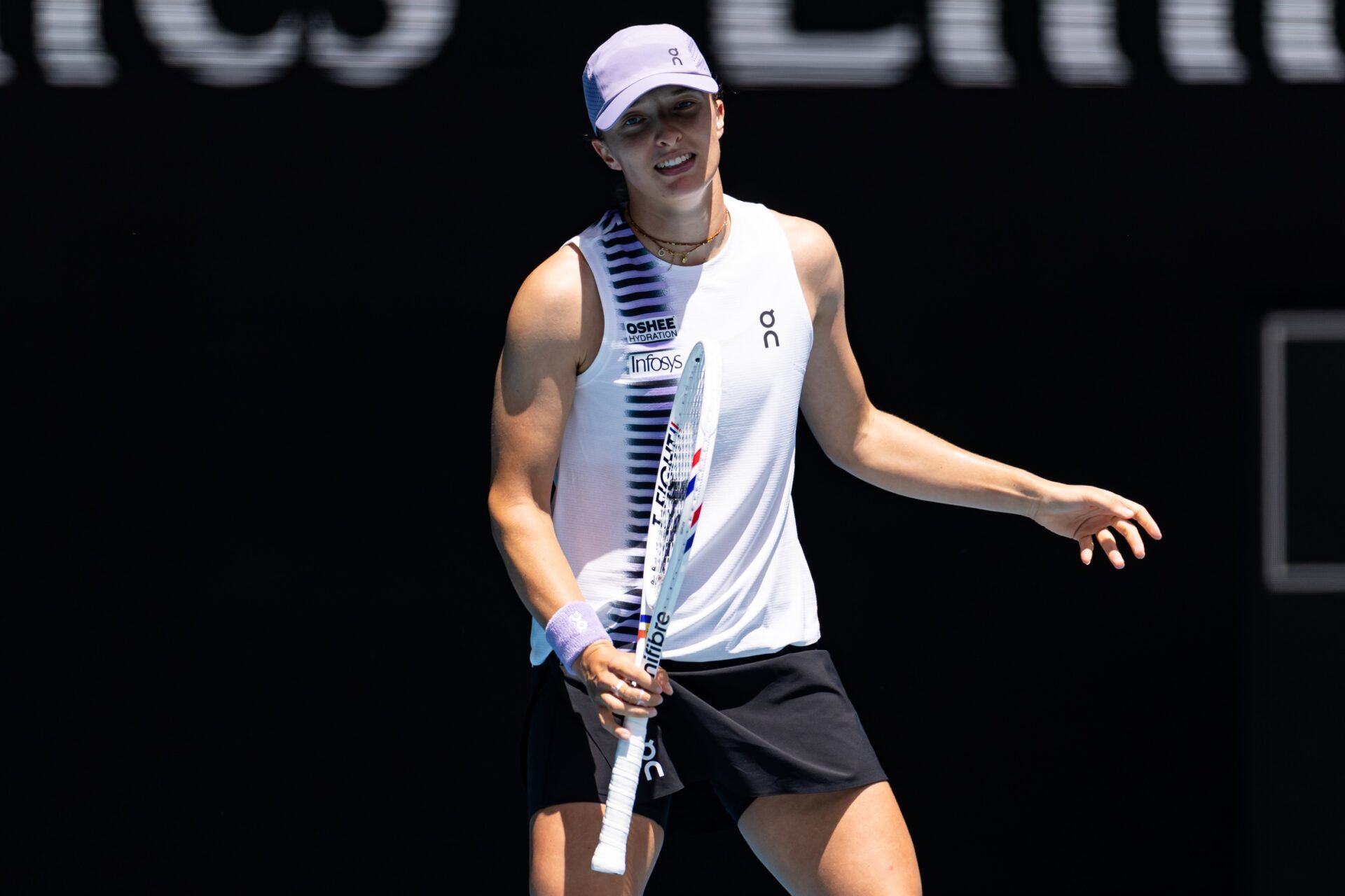 Iga Swiatek of Poland in action against Elena Rybakina of Kazakhstan in the quarterfinals of the women’s singles at the Australian Open at Rod Laver Arena in Melbourne Park.