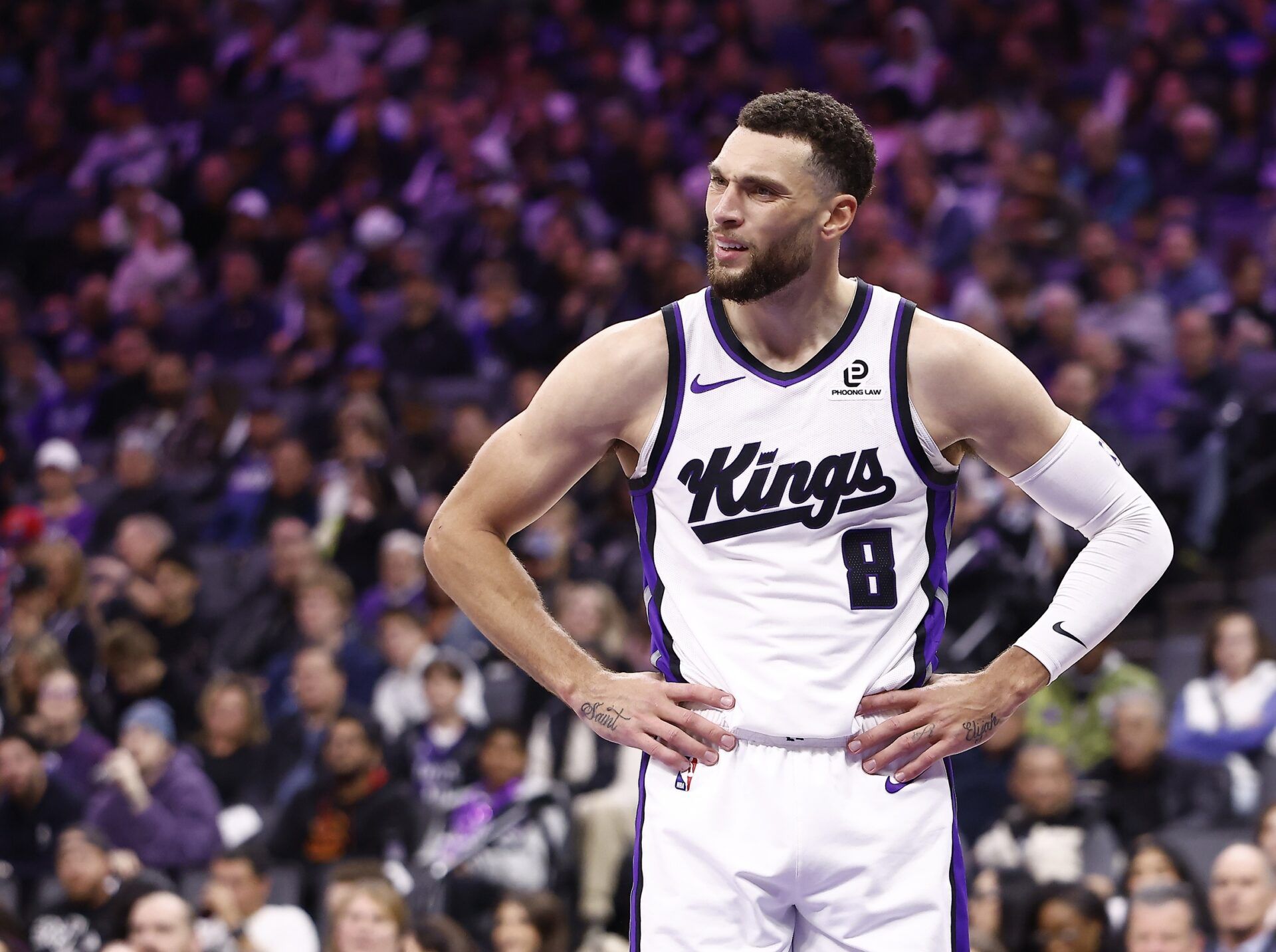Sacramento Kings guard Zach LaVine (8) reacts after a play against the Memphis Grizzlies during the second quarter at Golden 1 Center.