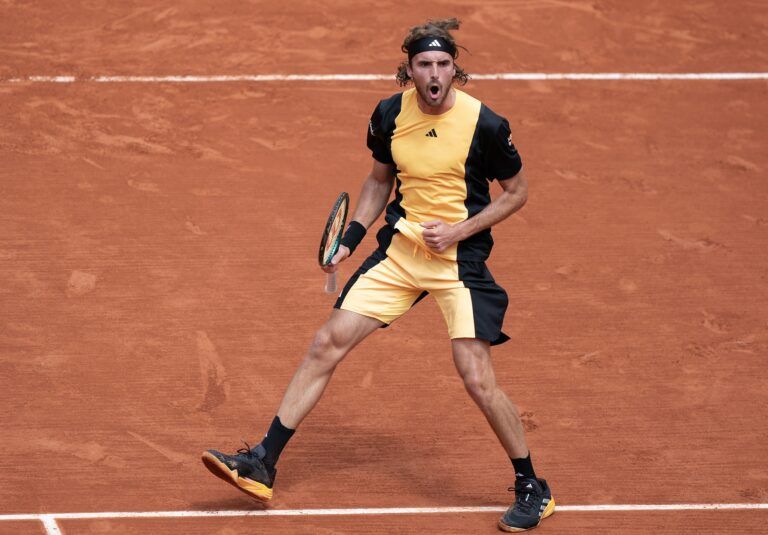 Stefanos Tsitsipas of Greece reacts to a point during his match against Matteo Arnaldi  of Italy match on day eight of Roland Garros at Stade Roland Garros.