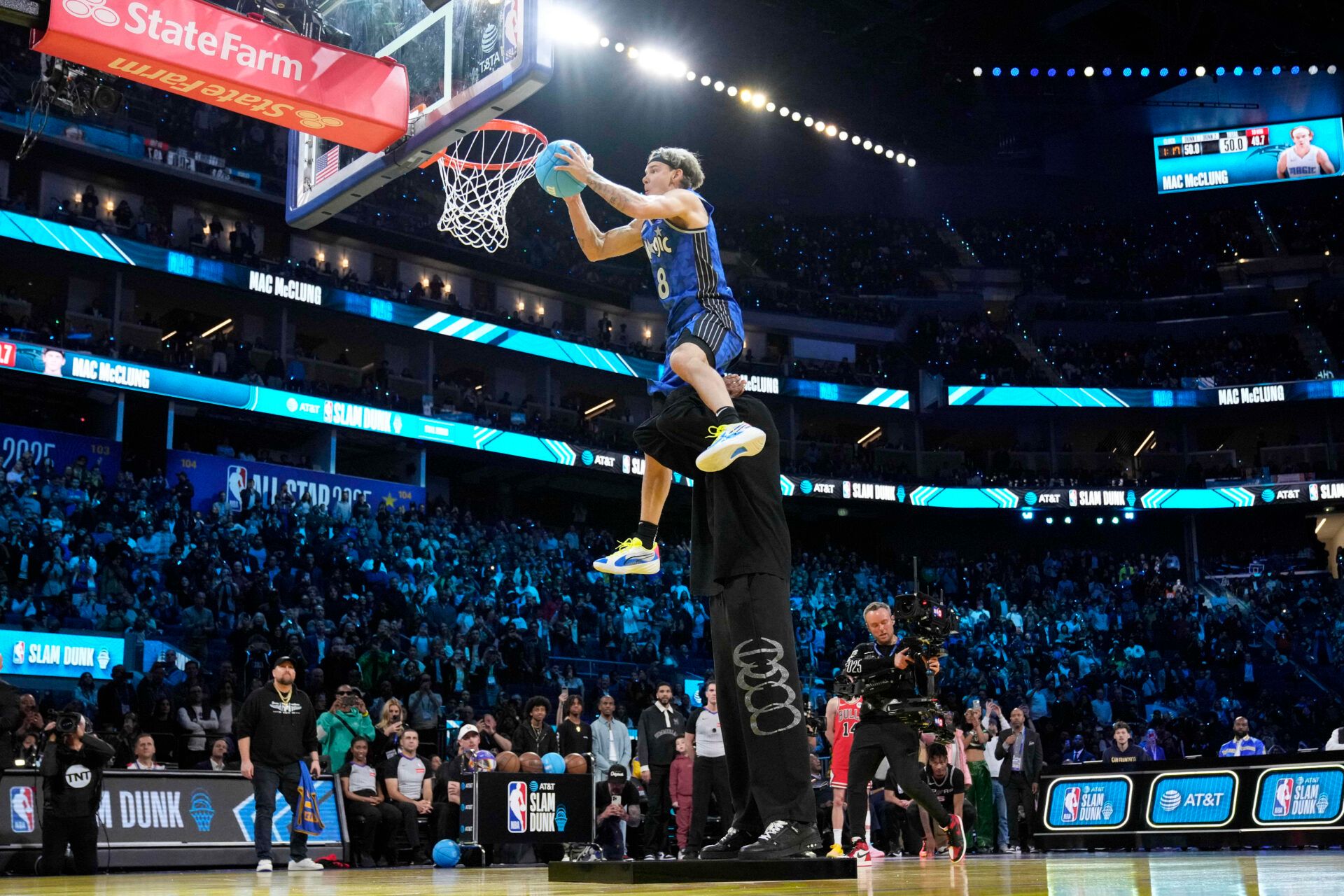 Osceola Magic guard Mac McClung competes in the slam dunk competition during All Star Saturday Night ahead of the 2025 NBA All Star Game at Chase Center.