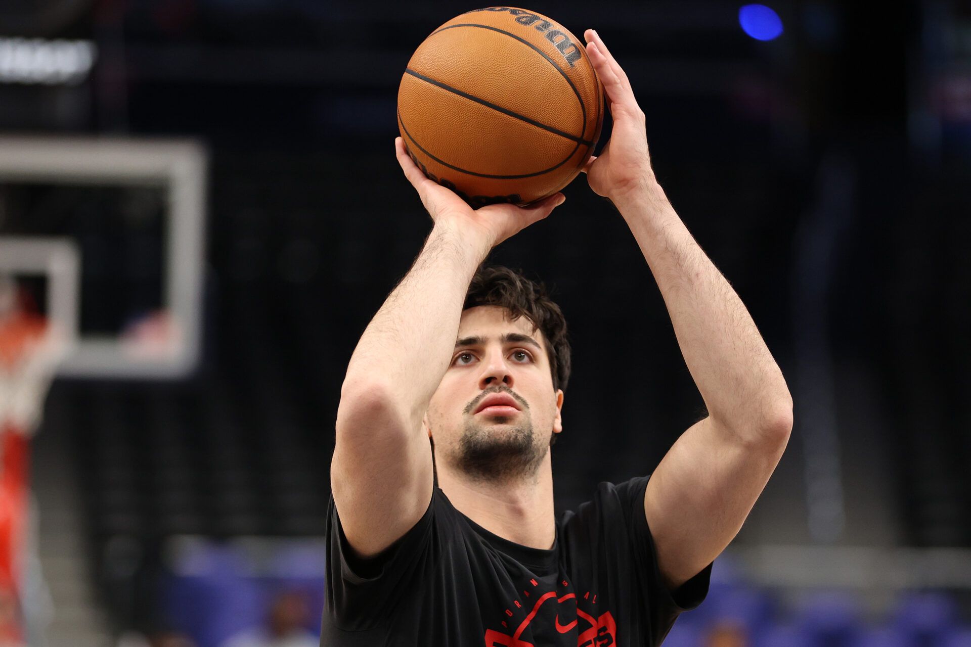 Portland Trail Blazers forward Deni Avdija (8) takes a shot before a game against the Washington Wizards at Capital One Arena.