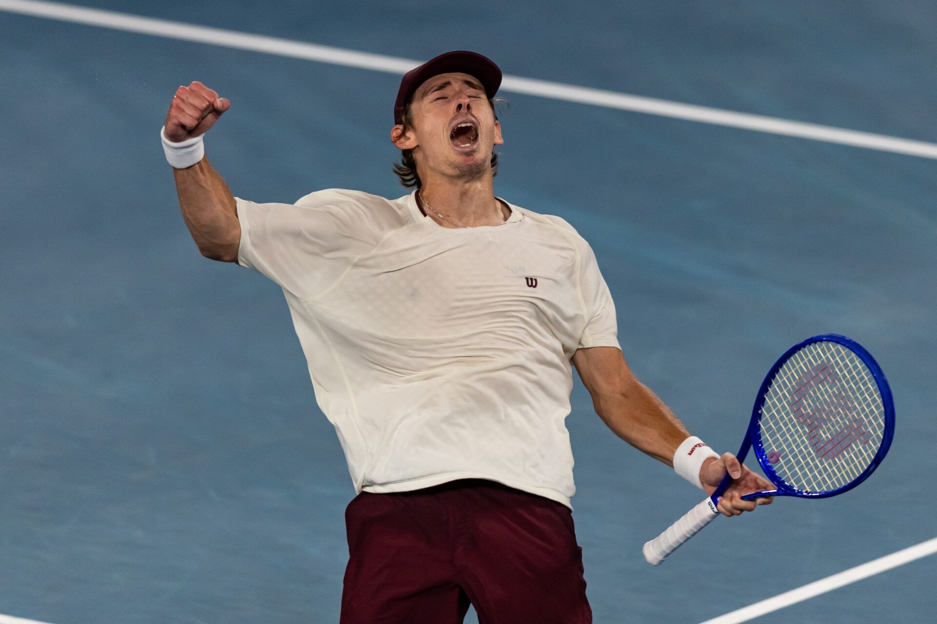 Alex de Minaur of Australia in action against Frances Tiafoe of United States in the third round of the mens singles at the Australian Open at Rod Laver Arena in Melbourne Park.