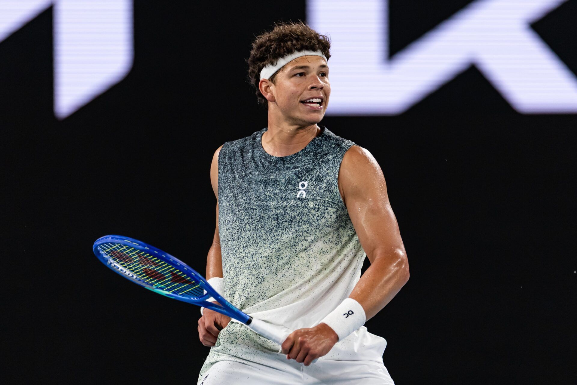 Ben Shelton of United States in action against Jannik Sinner of Italy in the quarterfinals of the mens singles at the Australian Open at Rod Laver Arena in Melbourne Park.