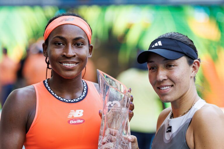 (L-R) Coco Gauff and Jessica Pegula (both USA) pose with the Butch Buchholz championship trophy after their womens doubles final against Taylor Townsend (USA) and Leylah Fernandez (CAN) (both not pictured) on day fourteen of the Miami Open at Hard Rock Stadium