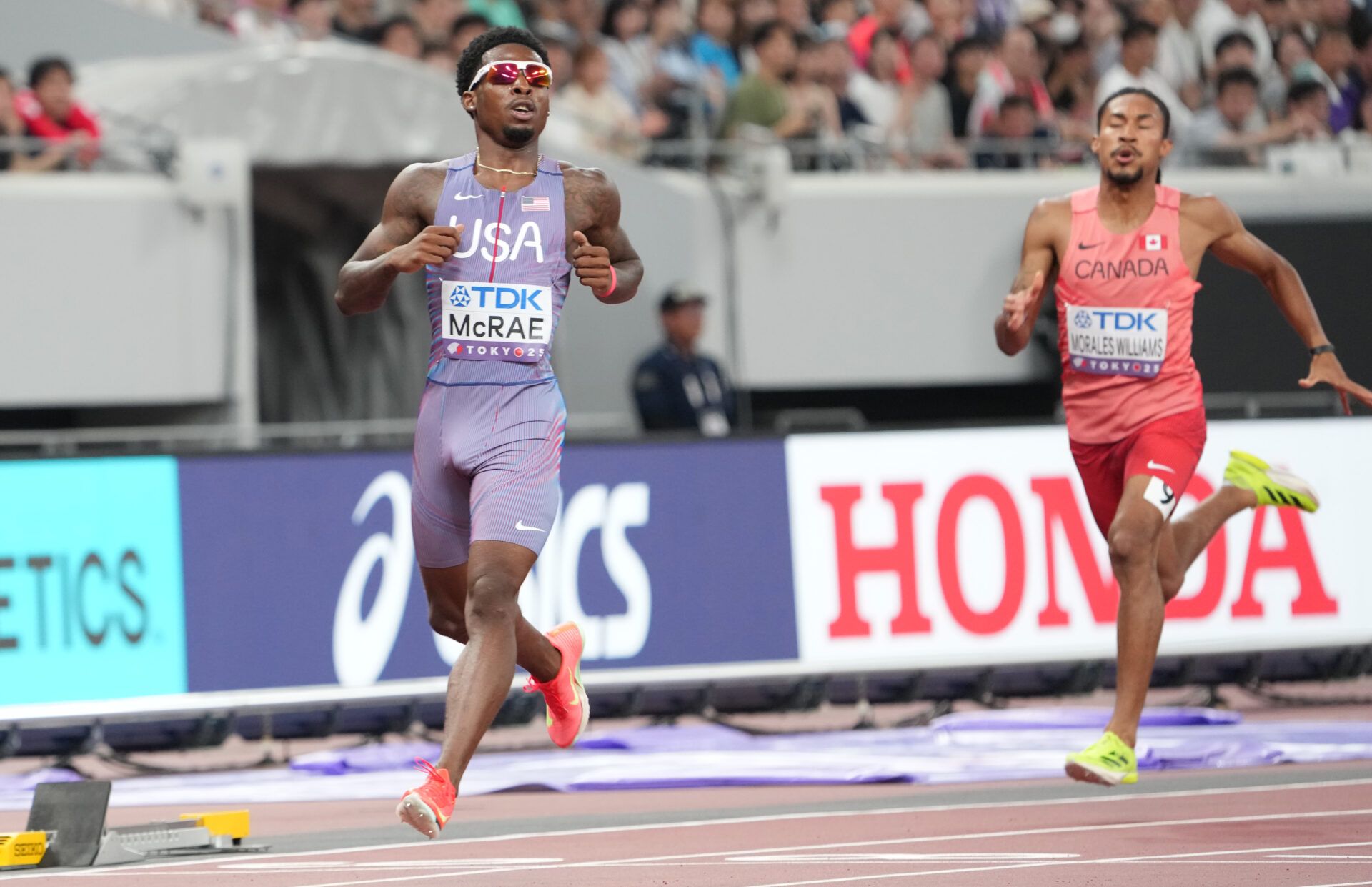 Khaleb McRae (USA) runs in a qualifying heat of the men’s 400 meters during the World Athletic Championships at National Stadium.