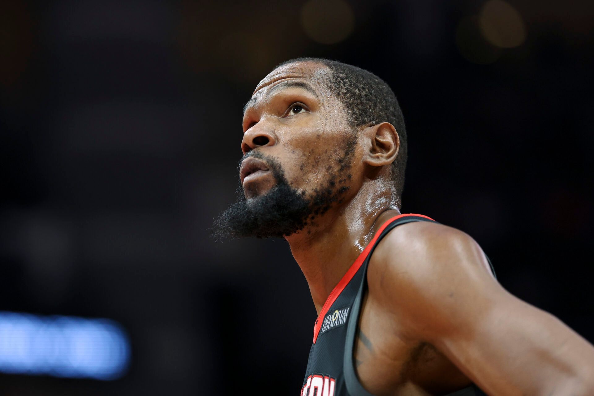 Houston Rockets forward Kevin Durant (7) looks up during the third quarter against the Boston Celtics at Toyota Center.