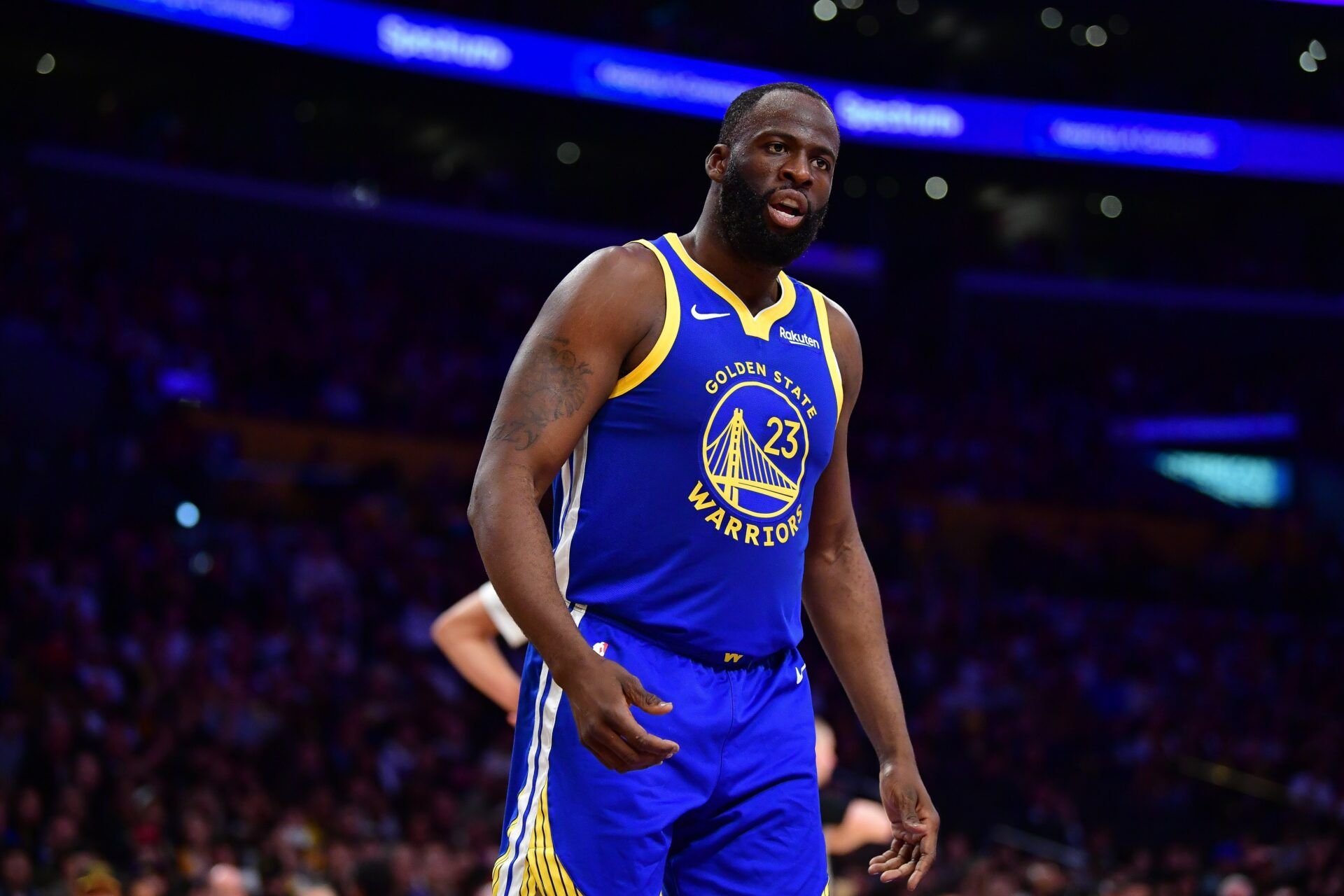 Golden State Warriors forward Draymond Green (23) reacts during the first half at Crypto.com Arena.