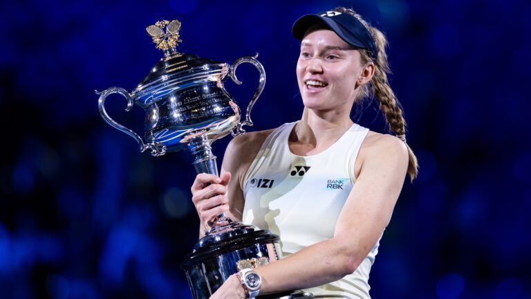 Elena Rybakina of Kazakhstan with the Daphne Akhurst Memorial Cup after her victory over Aryna Sabalenka in the final of the womens singles at the Australian Open at Rod Laver Arena in Melbourne Park.
