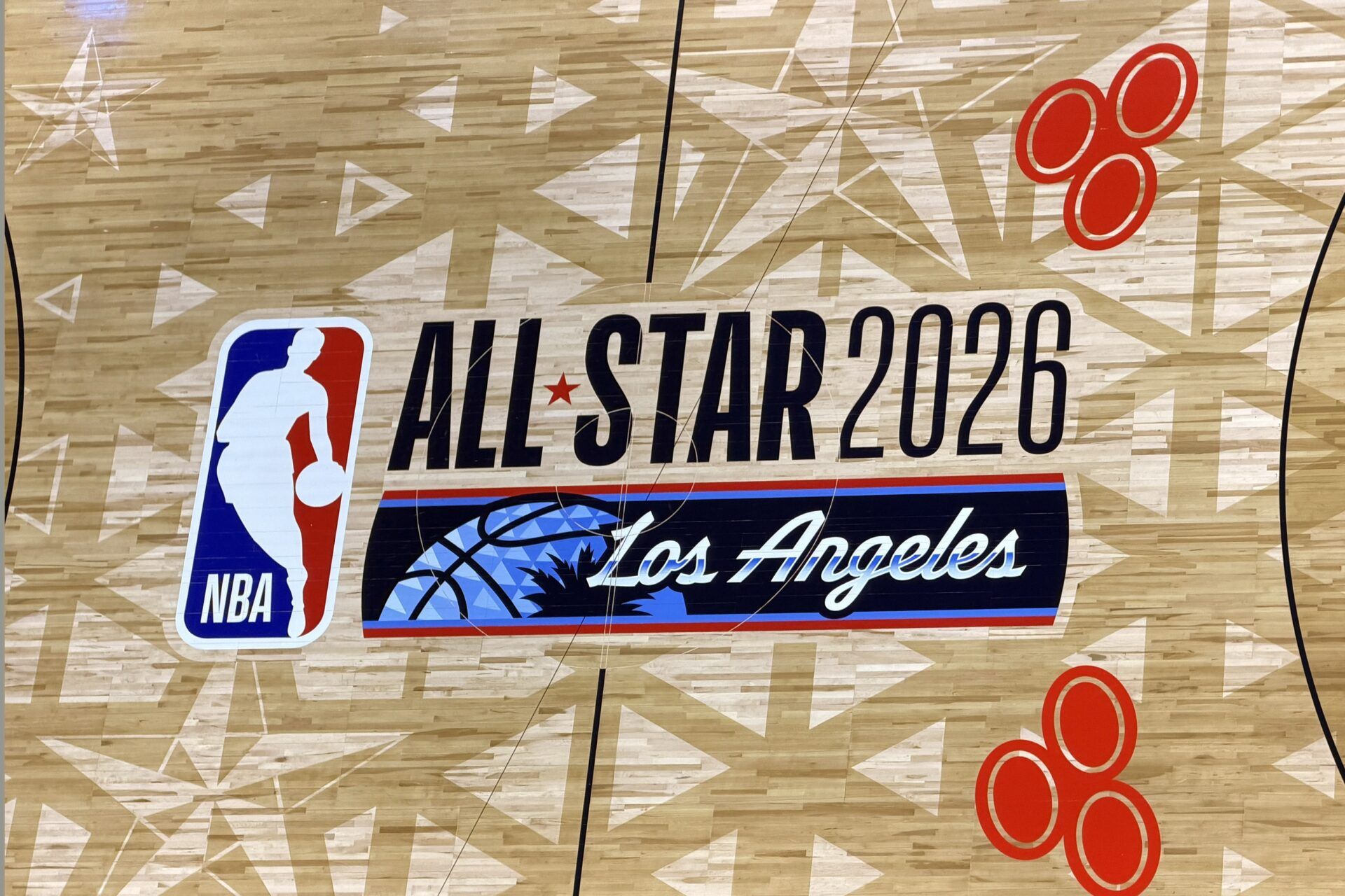 The All Star 2026 logo at midcourt at the Intuit Dome.
