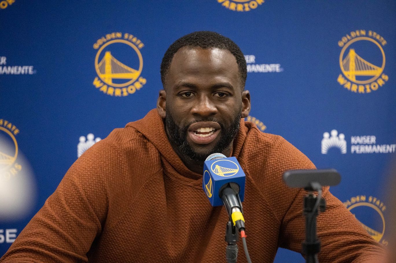 Golden State Warriors forward Draymond Green (23) talks to media after the game against the Indiana Pacers at Gainbridge Fieldhouse.