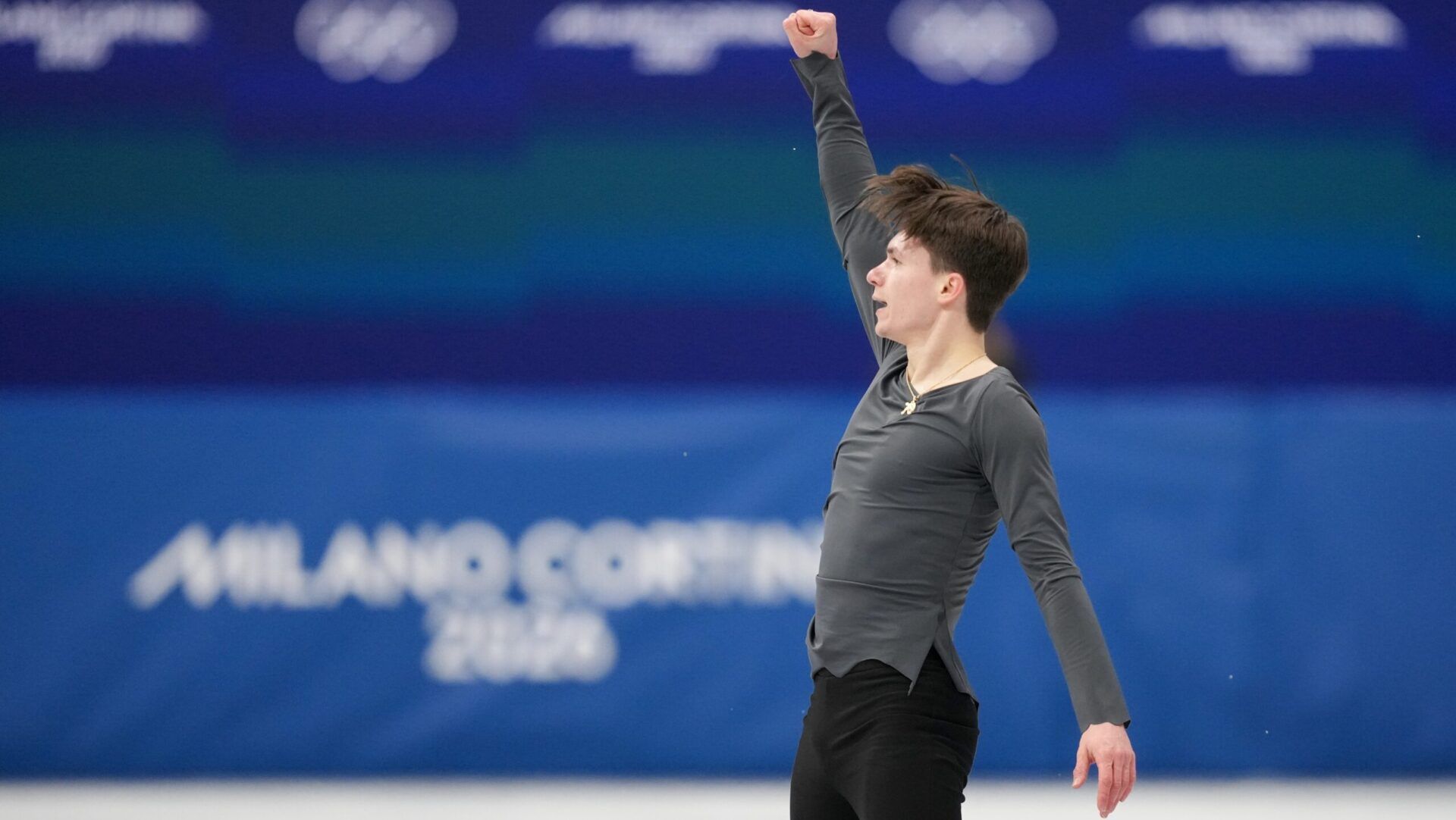 Maxim Naumov of the United States of America competes in the men’s singles free program  during the Milano Cortina 2026 Olympic Winter Games at Milano Ice Skating Arena.