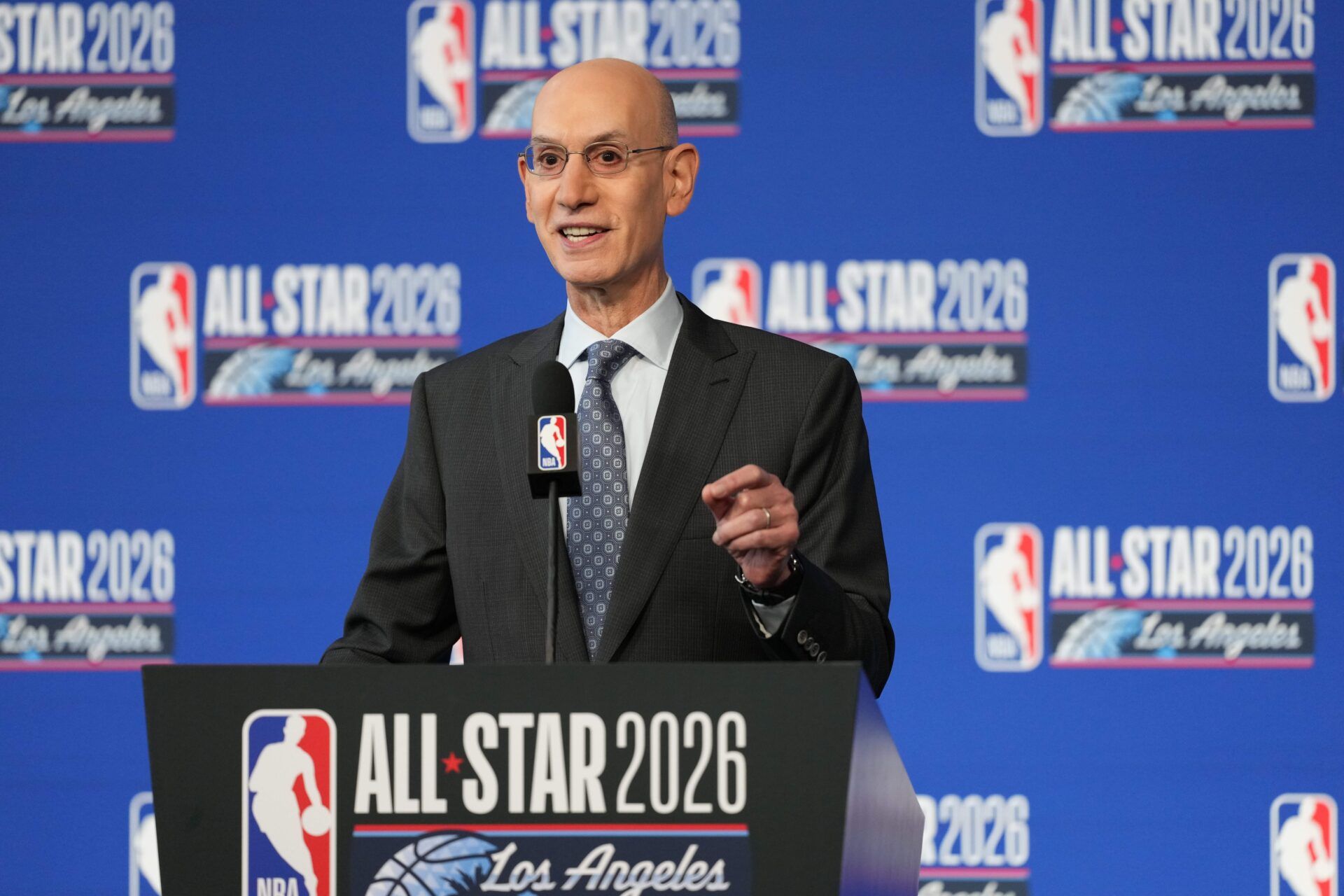 NBA commissioner Adam Silver speaks to the media during a press conference before 2026 NBA All Star Saturday Night at Intuit Dome.