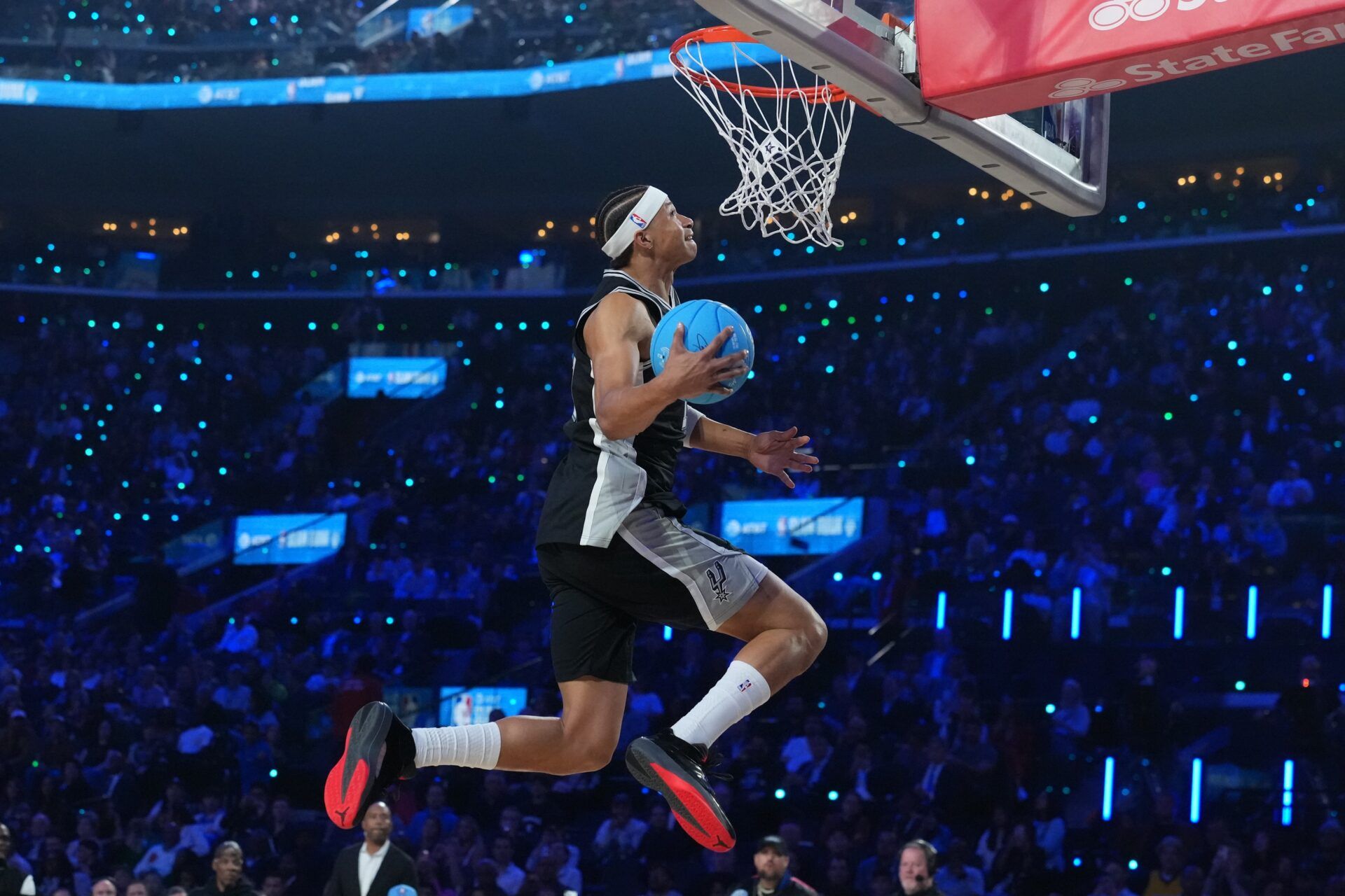San Antonio Spurs forward Carter Bryant (11) competes in the slam dunk contest during the 2026 NBA All Star Saturday Night at Intuit Dome.