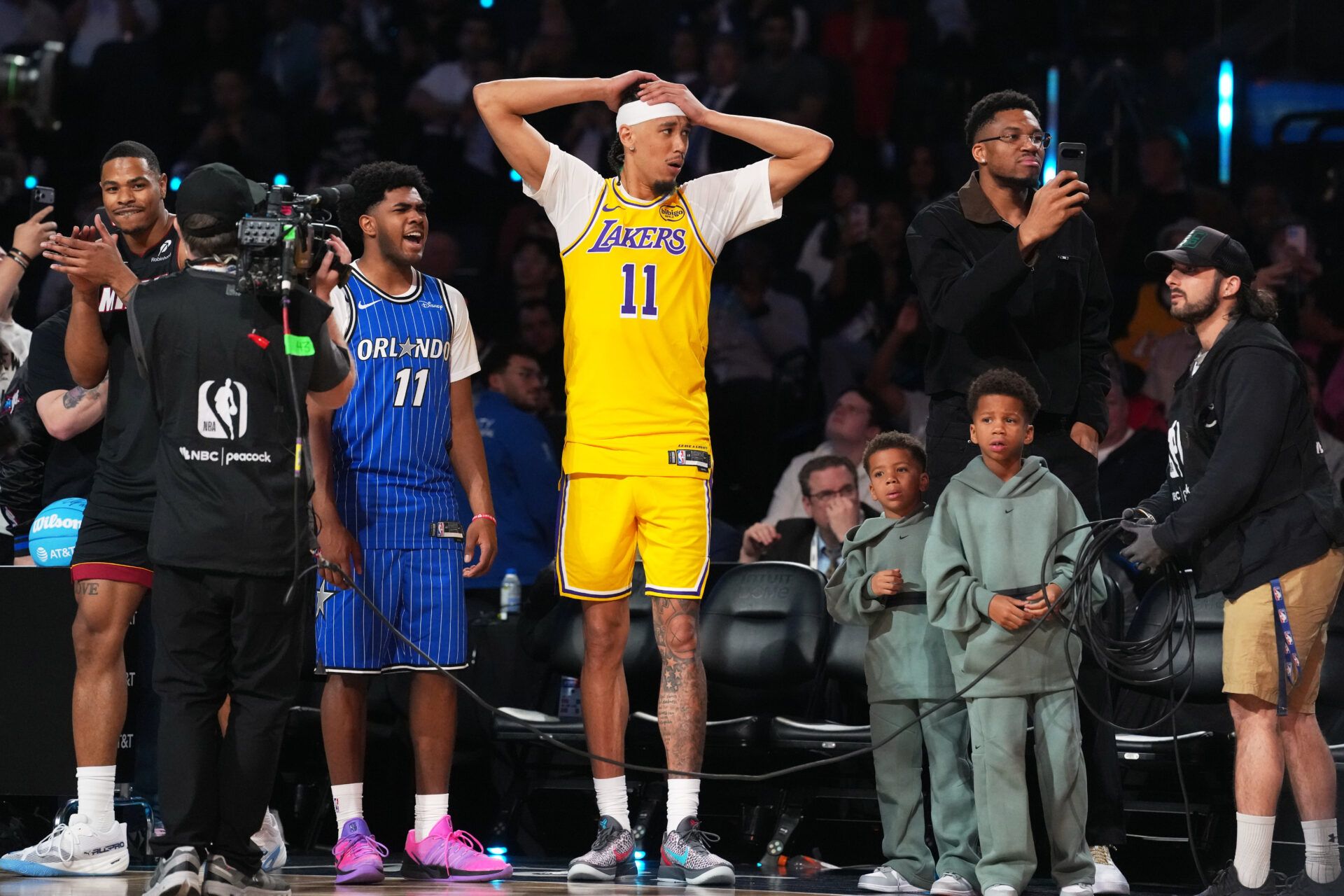 Los Angeles Lakers center Jaxson Hayes (11) and Orlando Magic guard Jase Richardson (11) react during the slam dunk contest during the 2026 NBA All Star Saturday Night at Intuit Dome.