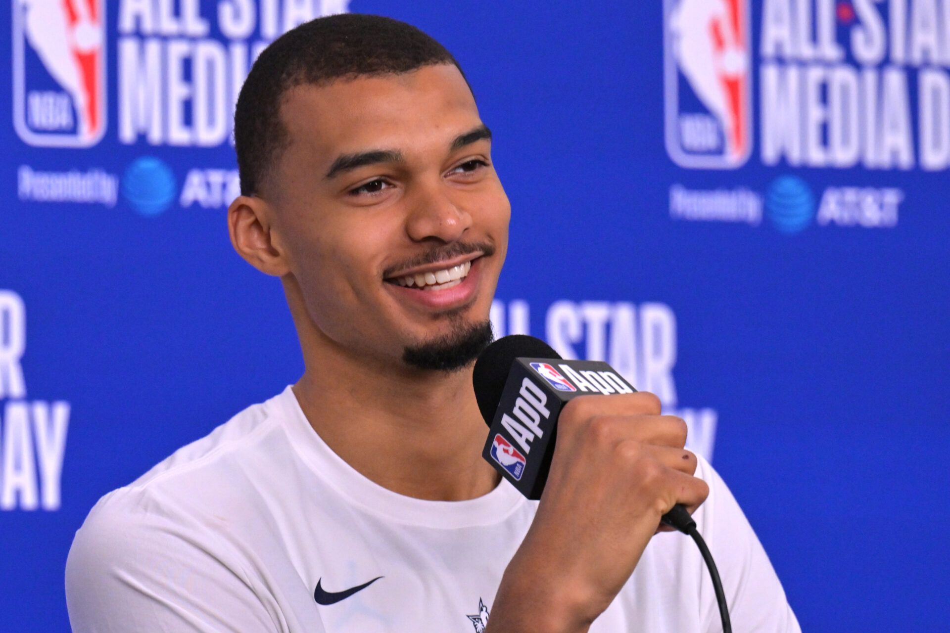 Team World center Victor Wembanyama (1) of the San Antonio Spurs during a news conference for the NBA All Star game at Intuit Dome.