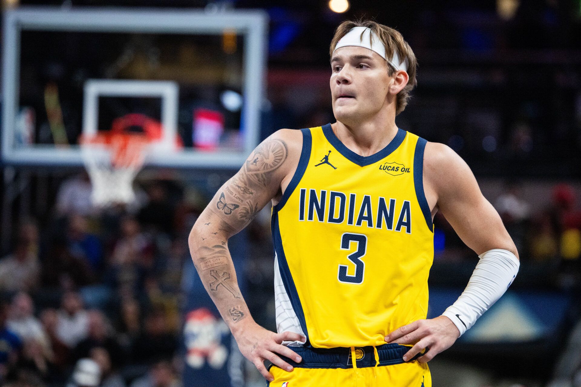 Indiana Pacers guard Mac McClung (3) in the first half against the Atlanta Hawks at Gainbridge Fieldhouse.
