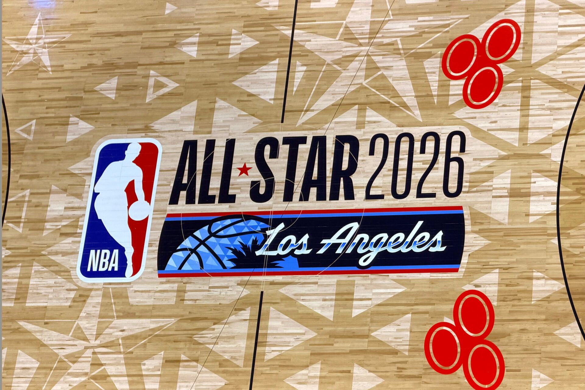 The All Star 2026 logo at midcourt at the Intuit Dome.