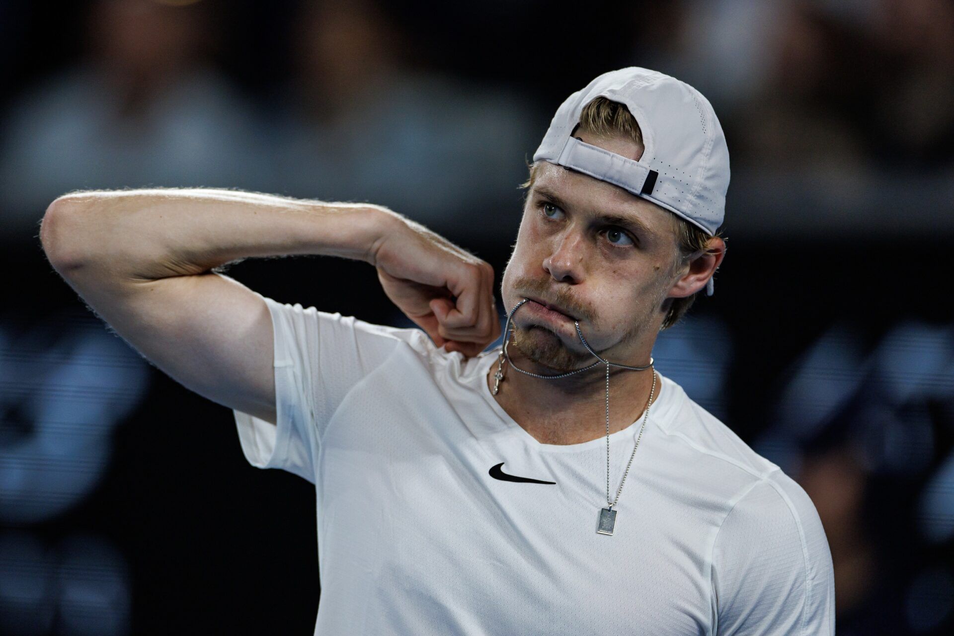 Denis Shapovalov of Canada looks to his team during his match against Hubert Hurkacz of Poland on day five of the 2023 Australian Open tennis tournament at Melbourne Park.