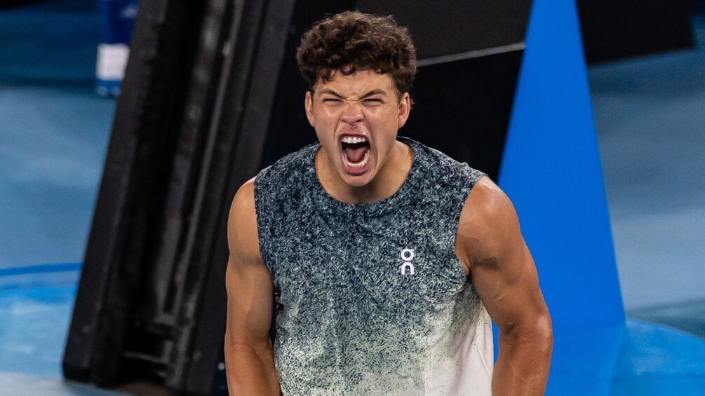 Ben Shelton of United States celebrates his victory over Casper Ruud of Norway in the fourth round of the mens singles at the Australian Open at Rod Laver Arena in Melbourne Park.