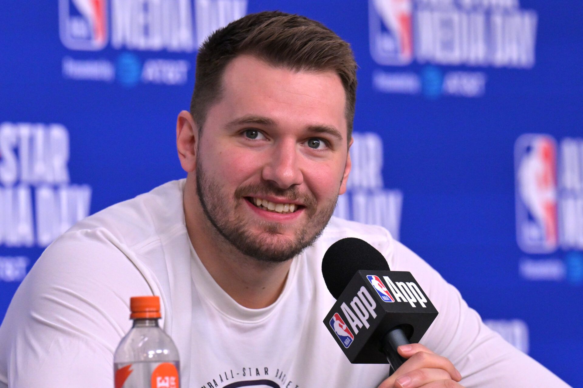 Team World guard Luka Doncic (77) of the Los Angeles Lakers during a news conference for the NBA All Star game at Intuit Dome.