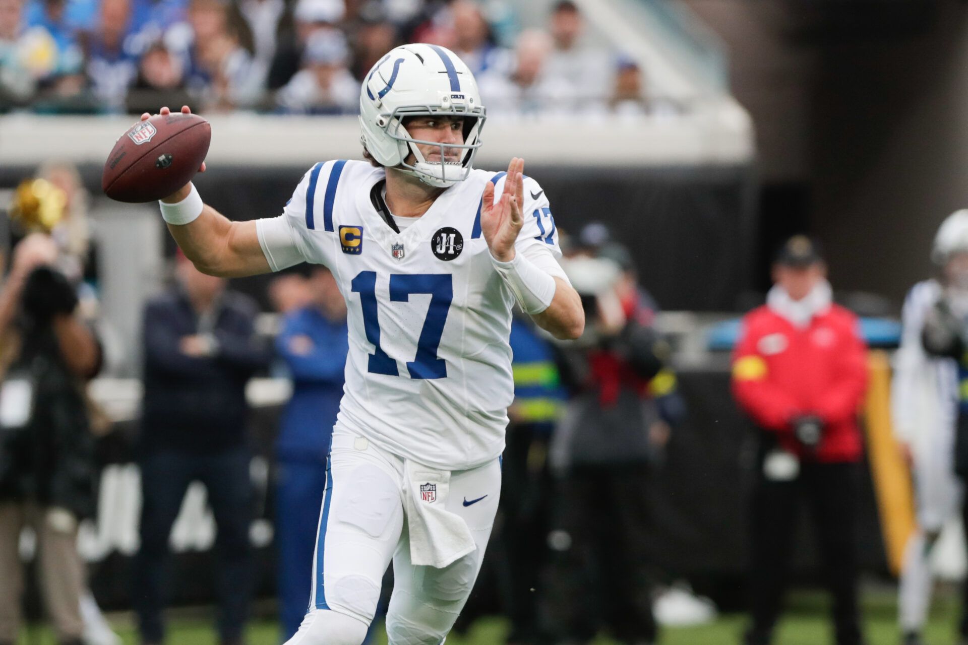 Indianapolis Colts quarterback Daniel Jones (17) looks to throw downfield against the Jacksonville Jaguars during the first half at EverBank Stadium.