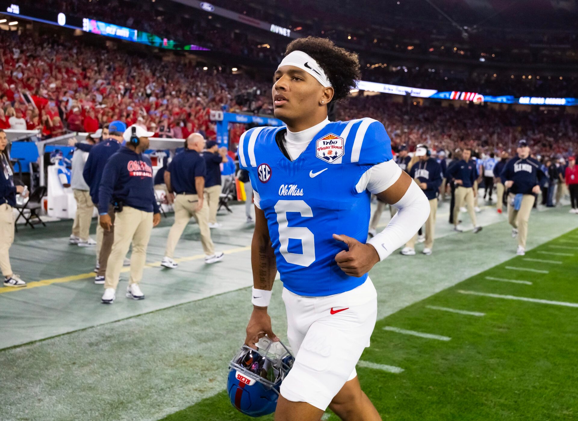 Mississippi Rebels quarterback Trinidad Chambliss (6) against the Miami Hurricanes during the 2026 Fiesta Bowl and semifinal game of the College Football Playoff at State Farm Stadium.