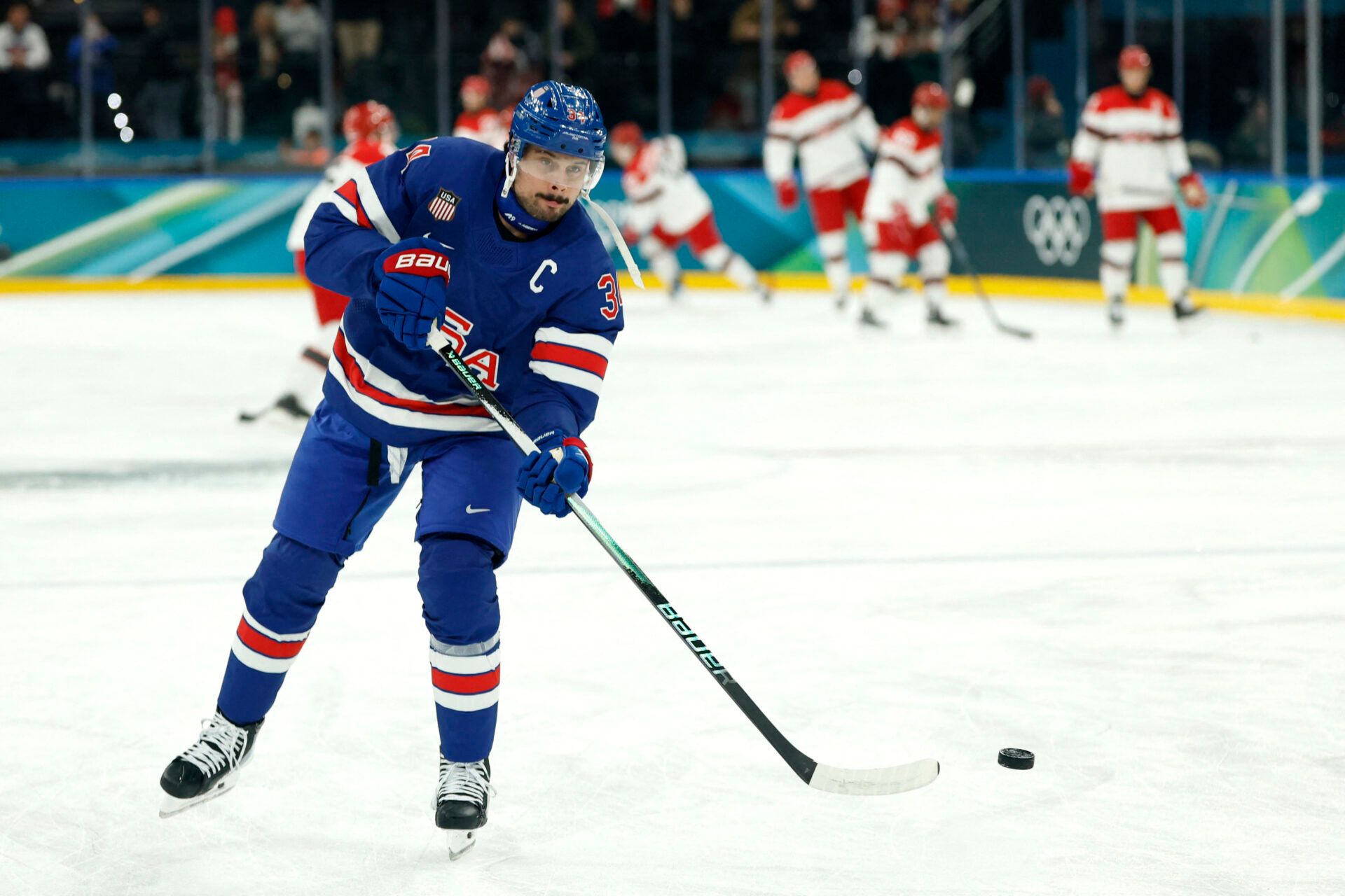 Auston Matthews of United States during the warm up before the match against Denmark in men's ice hockey group C play during the Milano Cortina 2026 Olympic Winter Games at Milano Santagiulia Ice Hockey Arena.