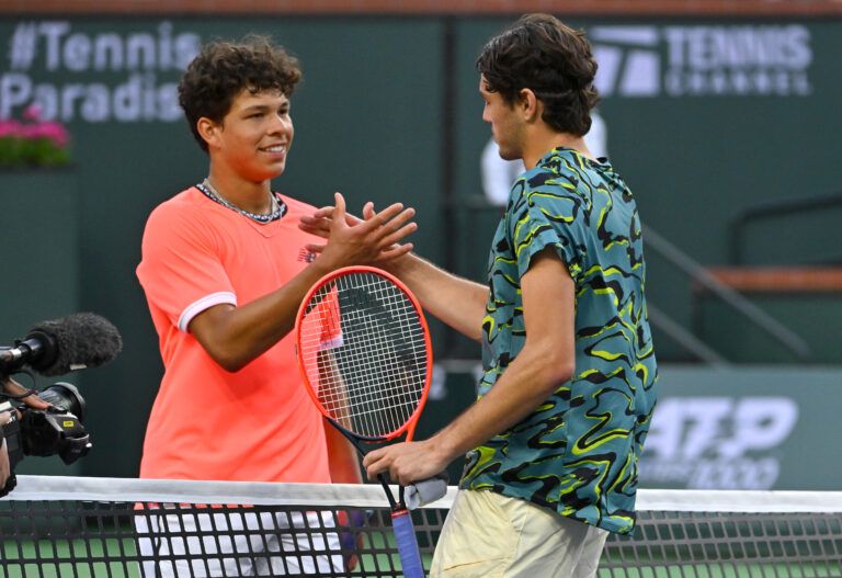 Ben Shelton (USA) congratulates Taylor Fritz (USA) after winning their second round match in the BNP Paribas Open at the Indian Wells Tennis Garden.